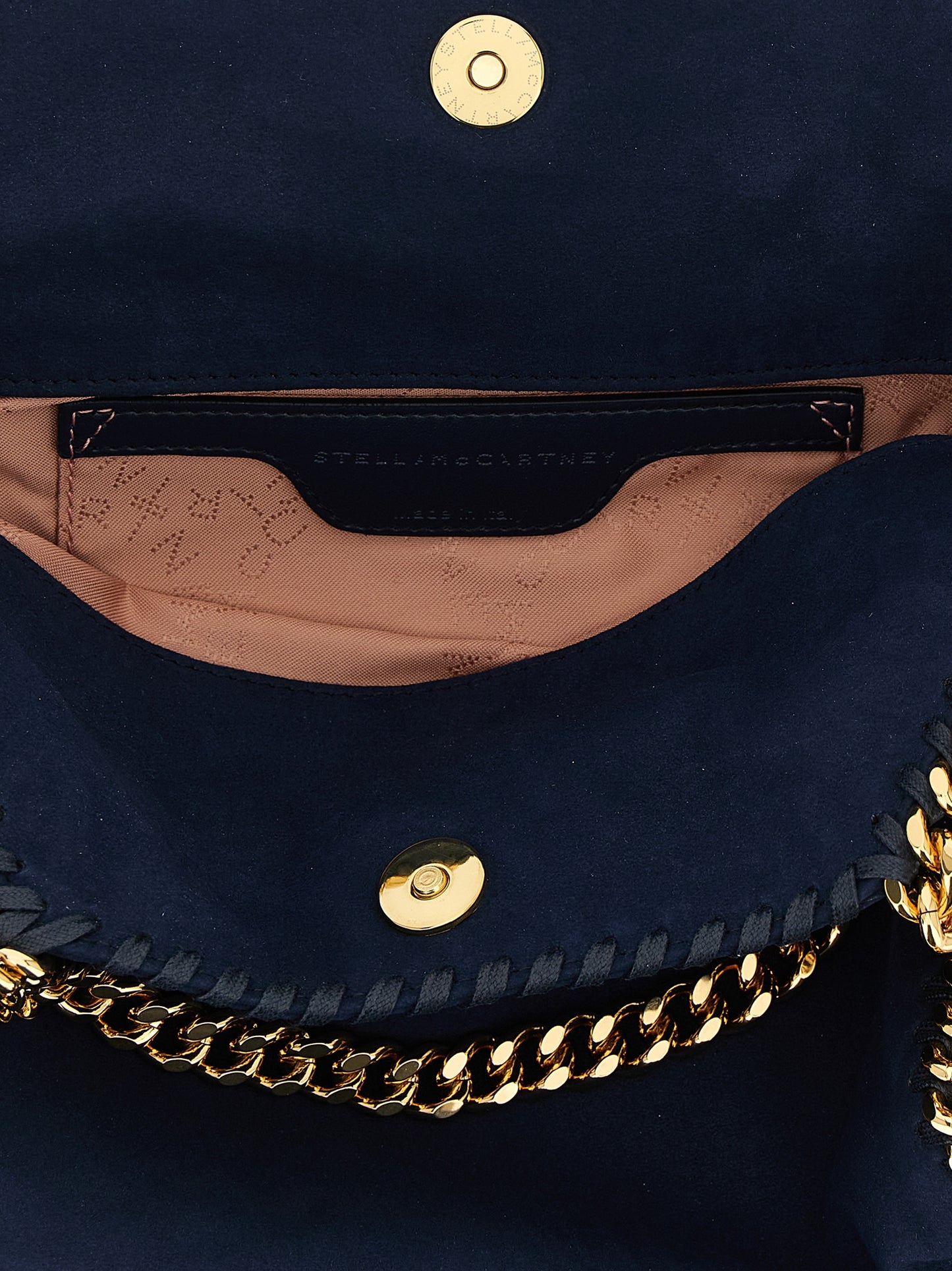 Mini Crossbody Handbag by Stella McCartney for women in polyamide suede leather blue, gold & jacquard features a versatile chic silhouette, meticulously detailed with a secure magnetic, ample , and versatile crossbody-strap, shoulder-strap & handle.