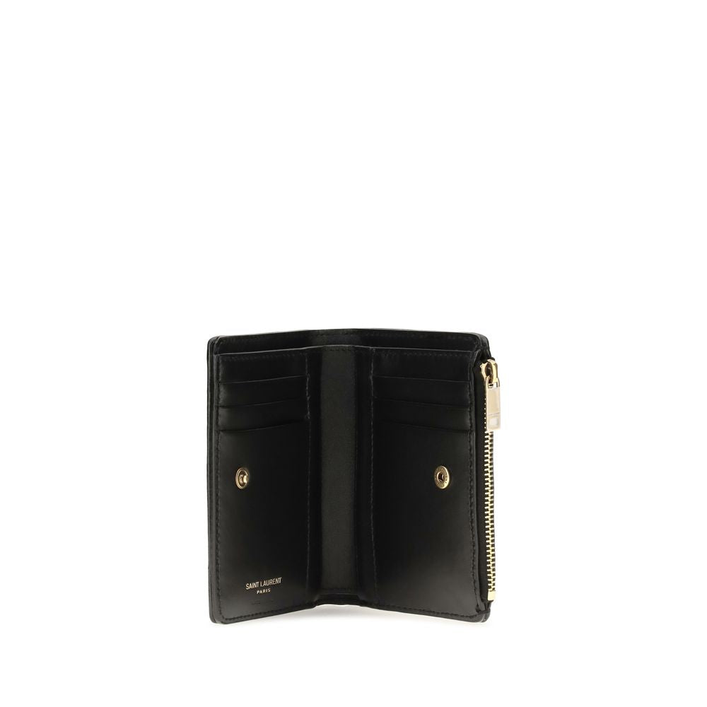 Cardholder Wallet by Saint Laurent for women in bos taurus calfskin leather black, bronze, chevron & signature presents a refined silhouette, artfully capturing the essence of the Cassandre Niki Bos Taurus Calfskin Leather Cardholder Wallet design with sophisticated card-organization bifold for a refined look.
