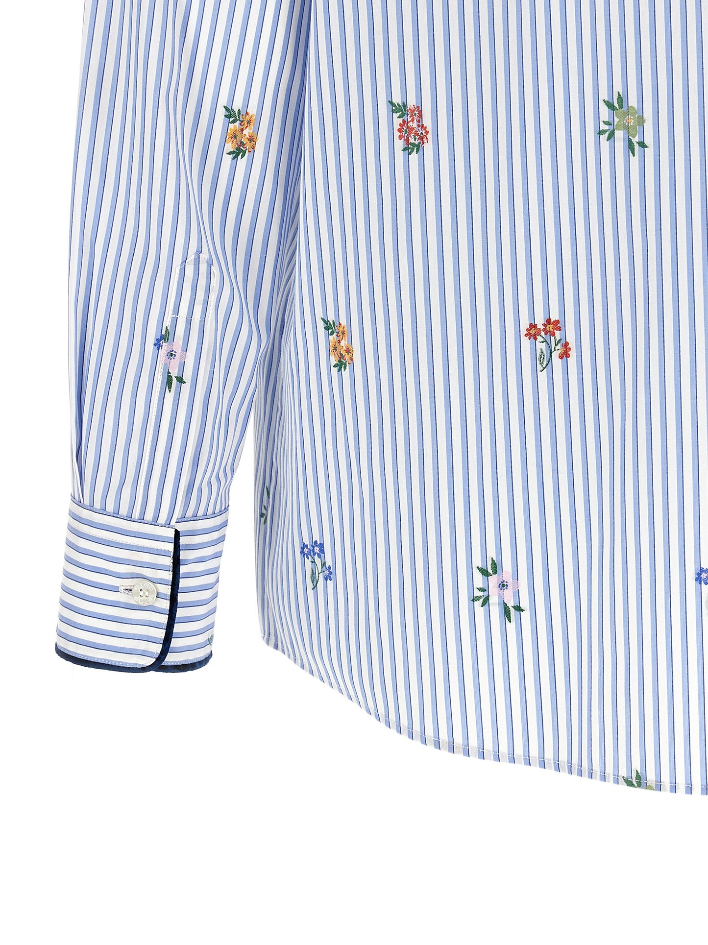 Blouse by Etro for women in cotton dark-blue, light-blue, multicolor, white, patterned, floral & striped showcases a sharp silhouette, elegantly detailed with a sharp and sharp .