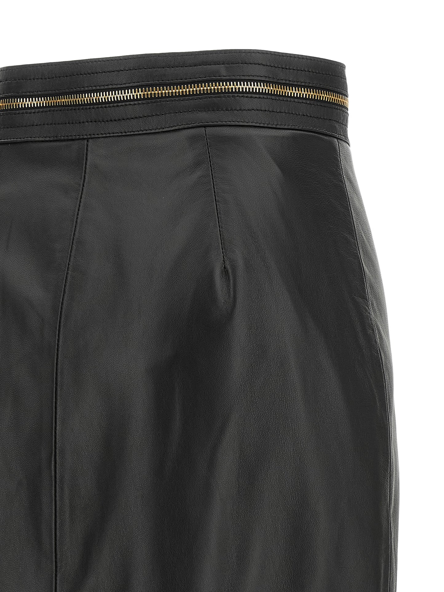Skirt by Elisabetta Franchi for women in lambskin leather black & gold showcases a dramatic silhouette, artfully capturing the essence of the Women's Pencil High Rise Lambskin Leather Skirt in a dramatic midi cut for a refined look.