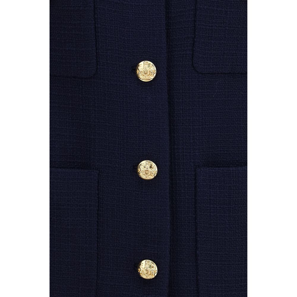Overcoat by Valentino Garavani for women in wool polyamide tweed blue & gold presents a luxurious silhouette, showcasing a luxurious and sophisticated pockets for a premium, luxurious look.