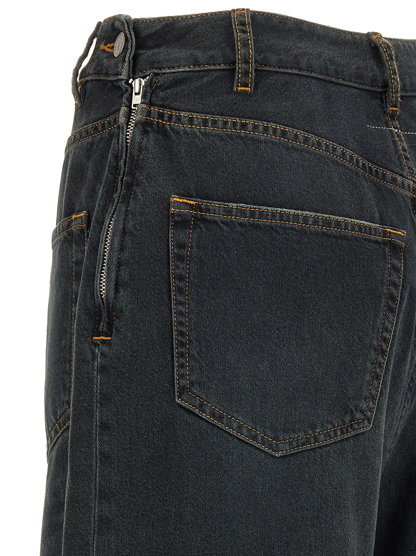 Jeans by MM6 Maison Margiela for women in denim cotton blue, dark-gray, orange, white & signature features an sartorial flared & wide and long with a cut for a sartorial finish.