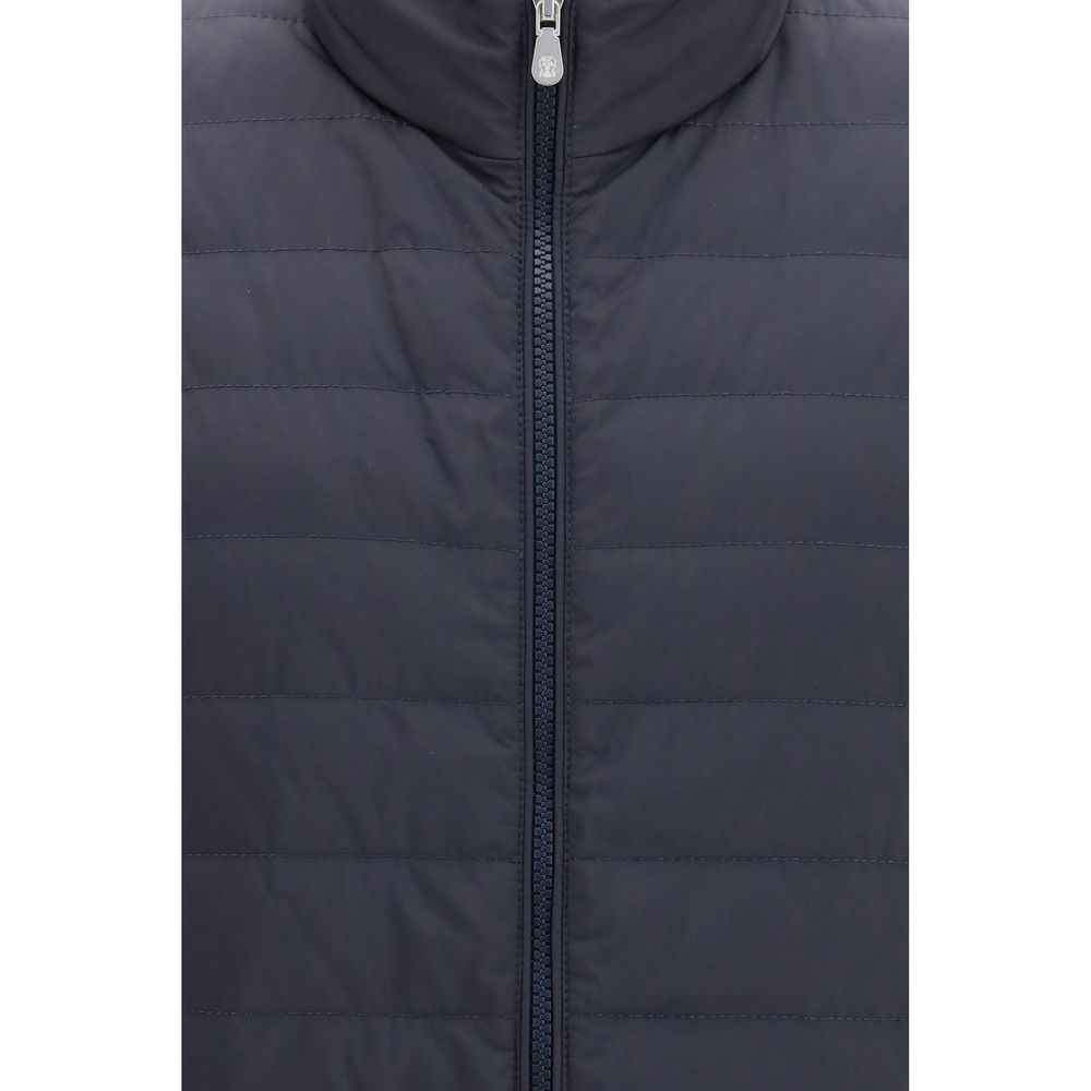 Vest by Brunello Cucinelli for men in polyester blue features a chic silhouette, expertly detailed with a refined high-collar neckline and premium pockets & insulated for a truly chic look.