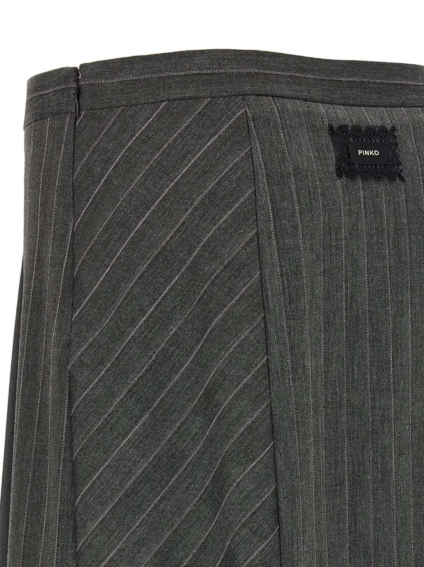 Skirt by PINKO for women in polyester & wool gray & pinstripe showcases a sultry silhouette, elegantly defined by its mini long and the sophisticated sultry design of the Women's Flared Low Rise Polyester & Wool Skirt.