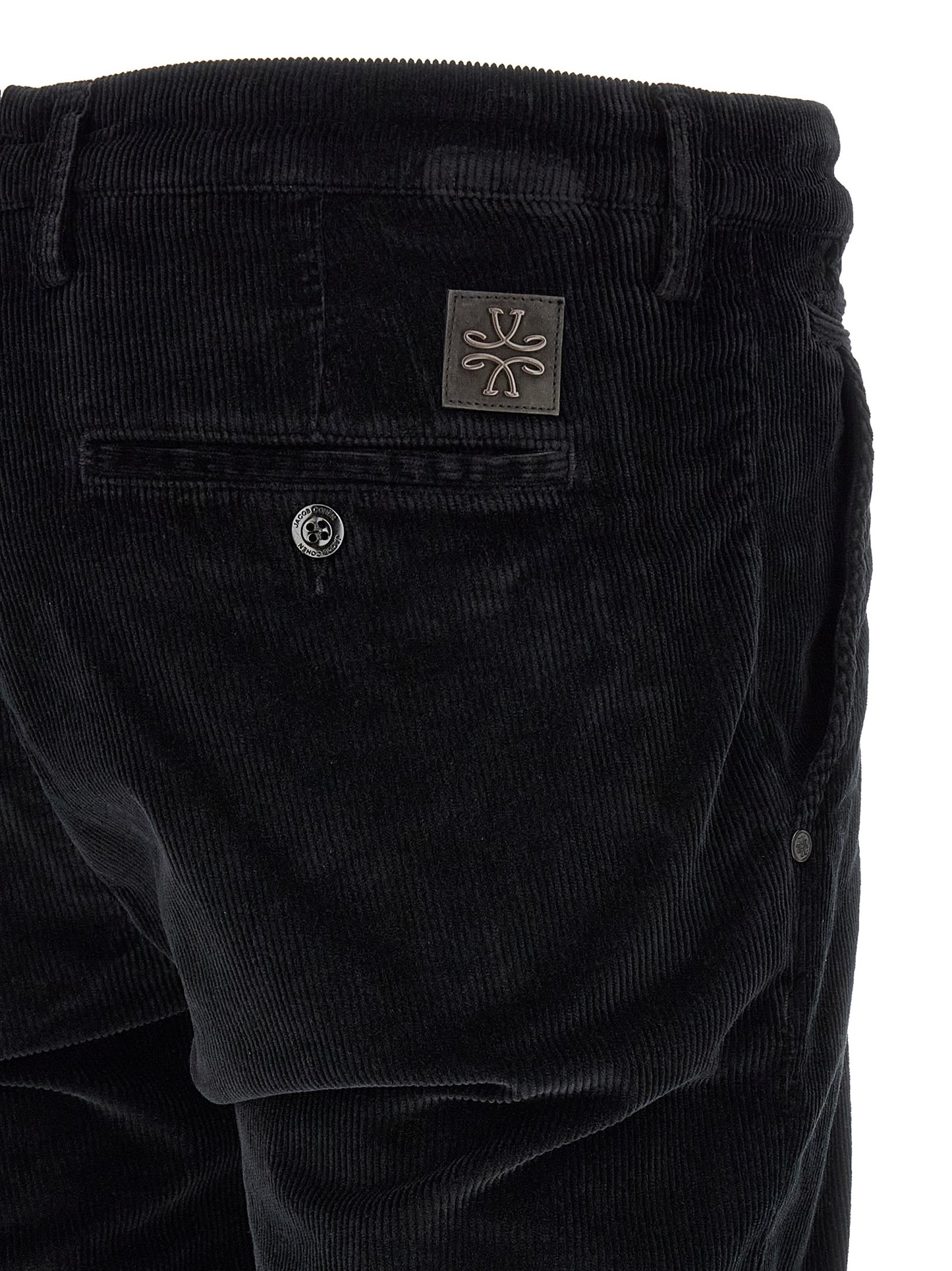 Chinos Pants by Jacob Cohen for men in stretch modal cotton corduroy black, signature & monogram features an utilitarian-chic silhouette, showcasing a utilitarian-chic tapered-leg with a long cut and for a refined look.