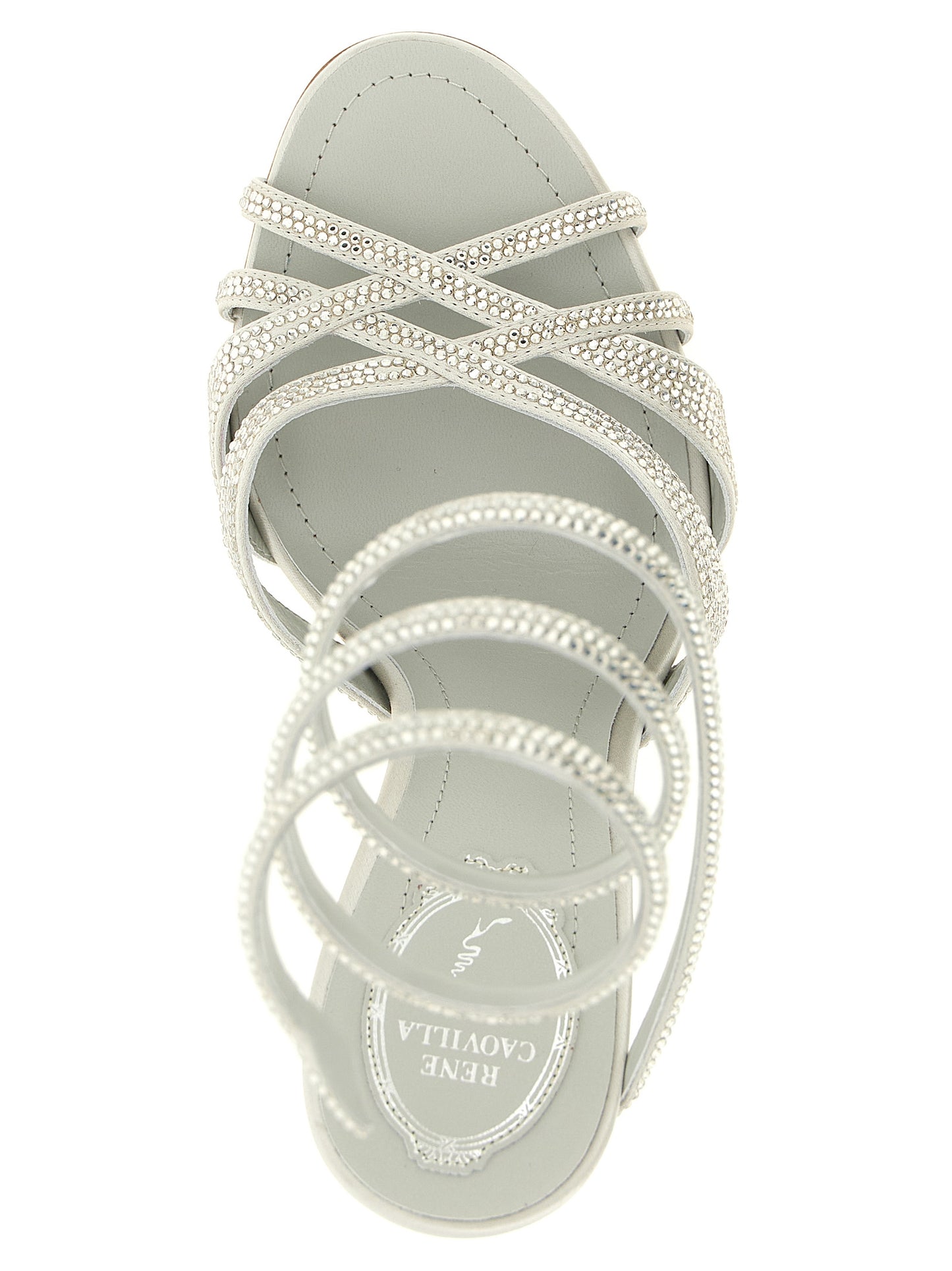 Stiletto Sandals by RENE CAOVILLA for women in viscose silk satin silver showcases a sculptural silhouette as Women's Viscose Silk Satin Stiletto Sandals, defined by a sculptural stiletto and sculptural for a sculptural look.