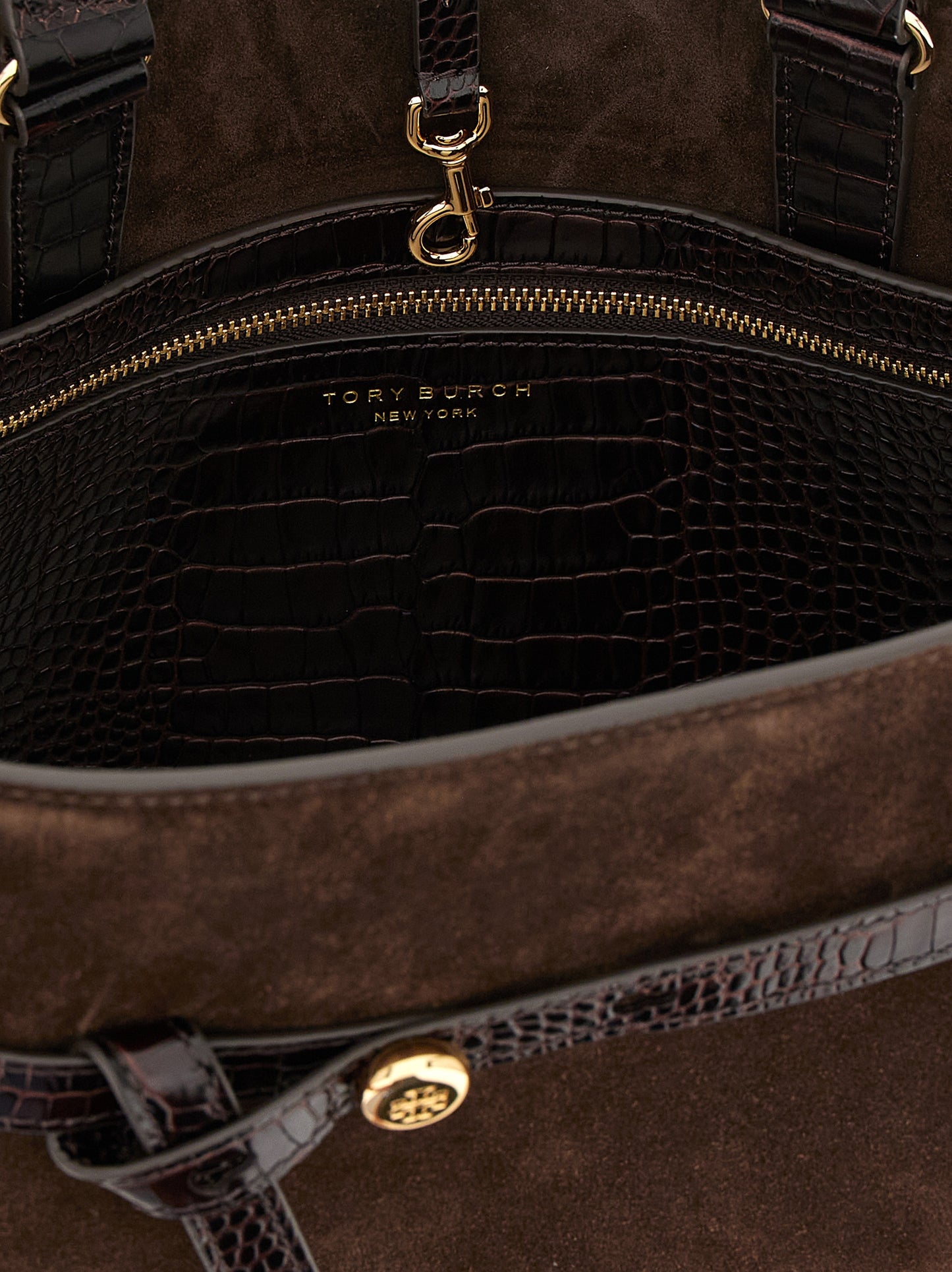 Crossbody Tote Handbag by Tory Burch for women in bos taurus suede cowhide leather brown, gold & print features an multi-faceted design with a secure snap, zipper, hook & button, ample , and versatile crossbody-strap, shoulder-strap & handle for a multi-faceted finish.