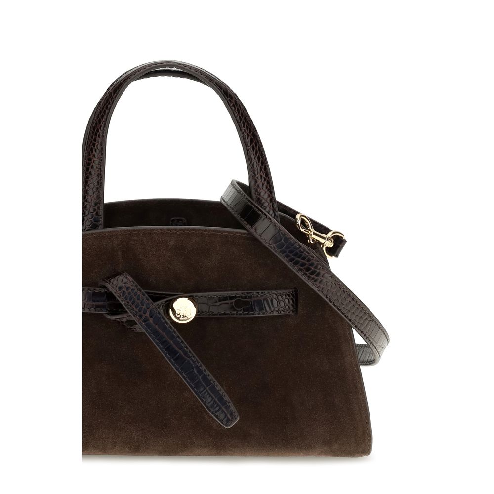 Shoulder Baguette Bag by Tory Burch for women in suede leather brown features a effortless chic silhouette with a secure zipper, ample , and versatile shoulder-strap & handle for a effortless chic finish.