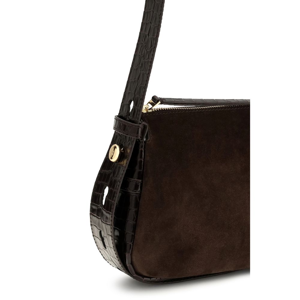 Small Shoulder Bag by Tory Burch for women in suede crocodile skin leather brown features a enviable silhouette, showcasing a secure zipper, ample single-compartment, and enviable shoulder-strap, adjustable-strap & handle for a enviable finish.