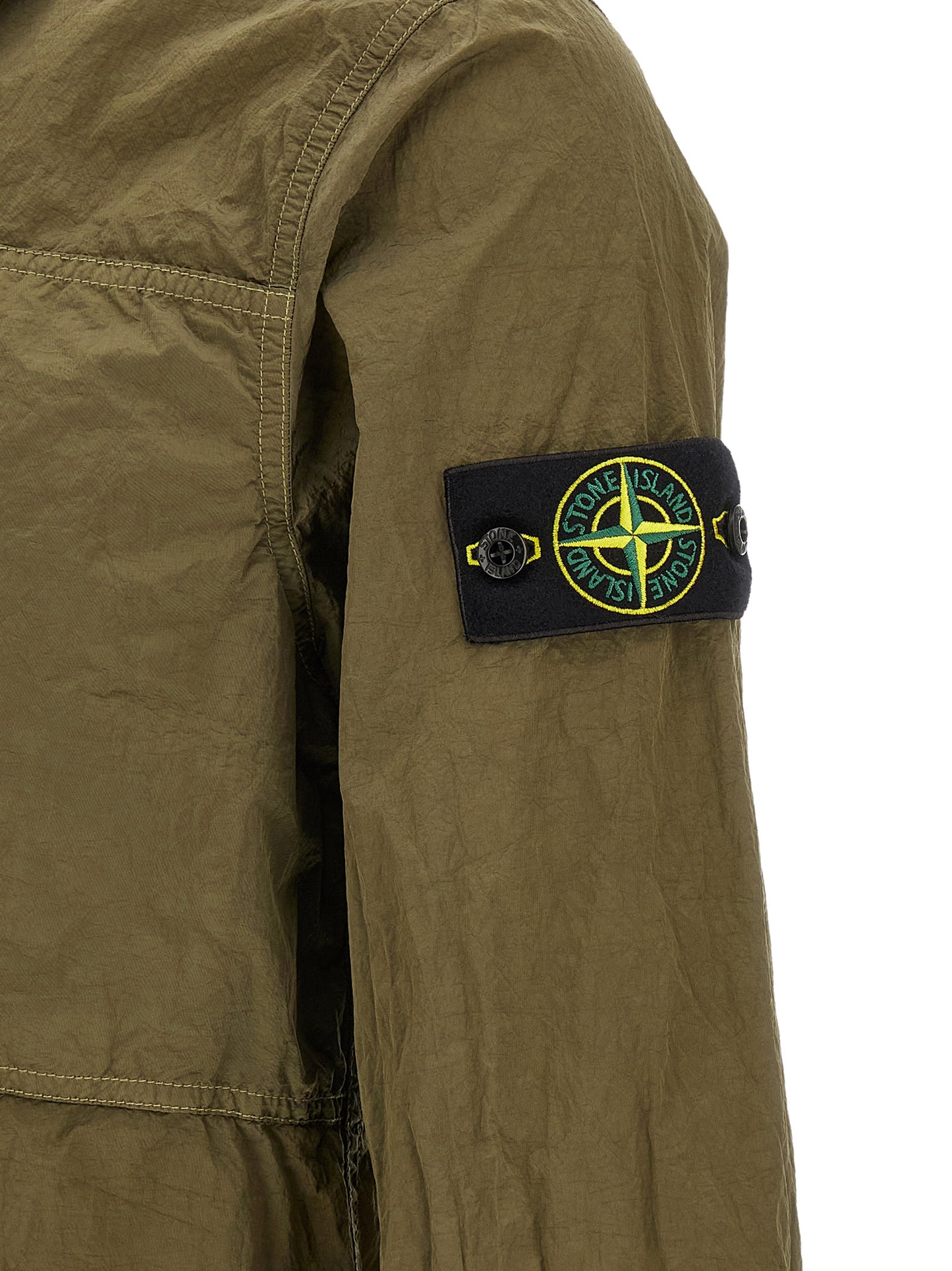 Overshirt by Stone Island for men in nylon bicolour, green & olive features an architectural silhouette with a refined and elegant for a architectural look.