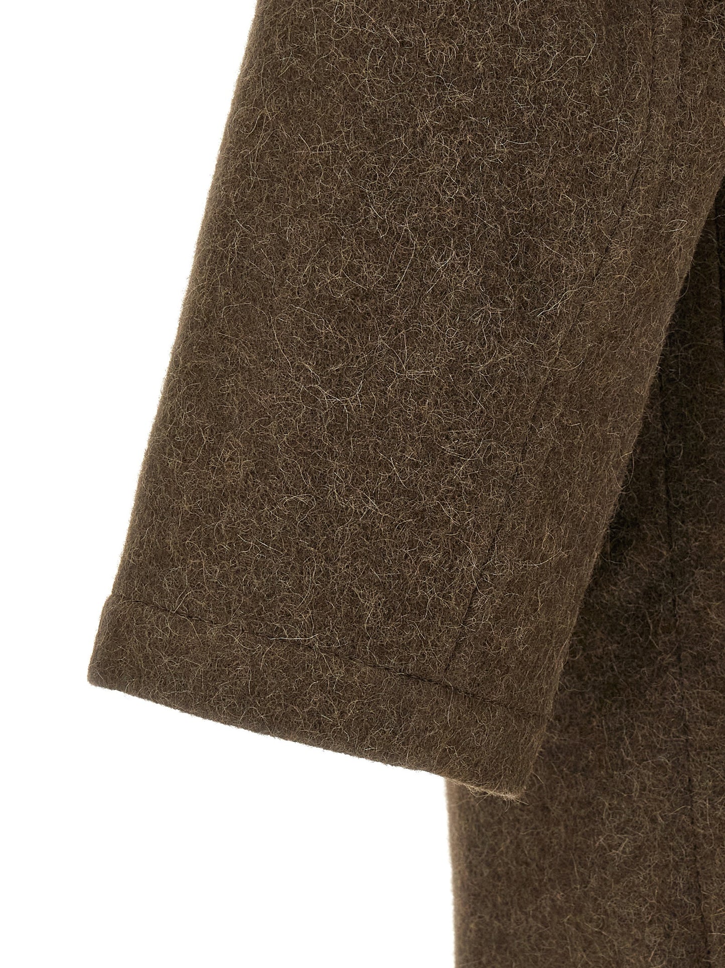 Overcoat by Lemaire for men in alpaca wool brown showcases a architectural silhouette, artfully detailed with a distinctive and functional pockets for a architectural finish.