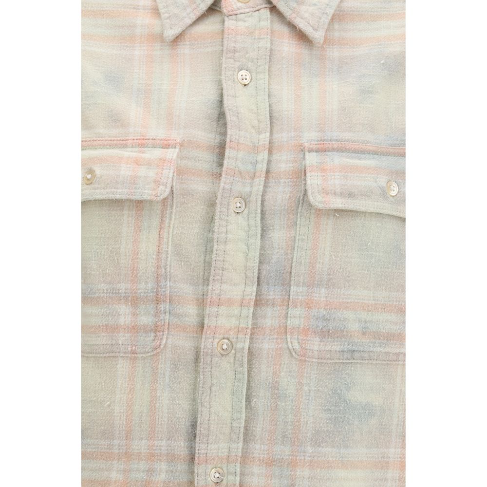 R13 Women's Crop Top Regular Fit Cropped Denim Cotton Shirt - Beige Plaid