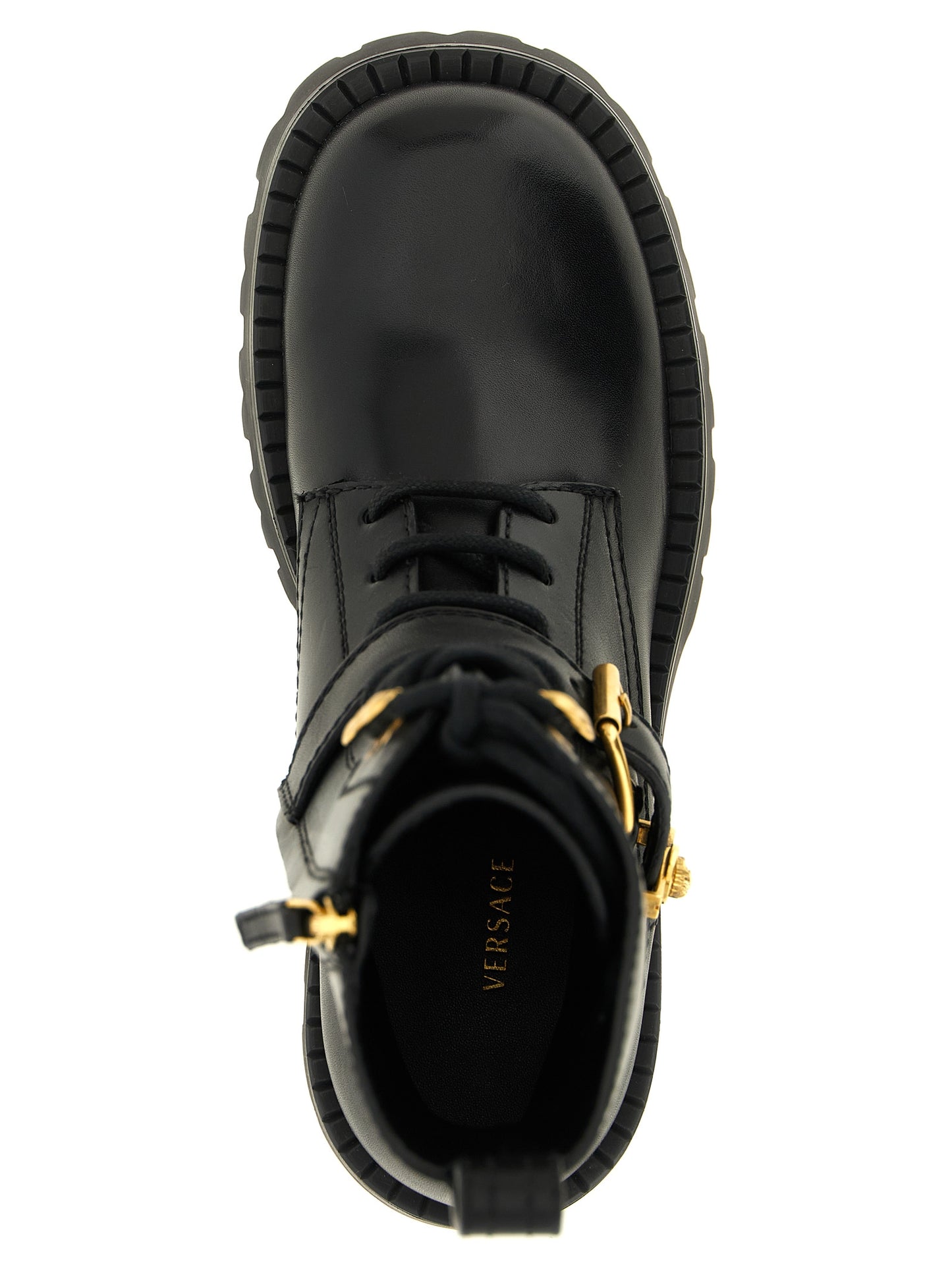 Lace-Up Ankle Boots by Versace for women in calfskin leather black & gold features an high-performance silhouette, showcasing the sophisticated design of the Medusa Women's Calfskin Leather Lace-Up Ankle Boots with a and a refined .