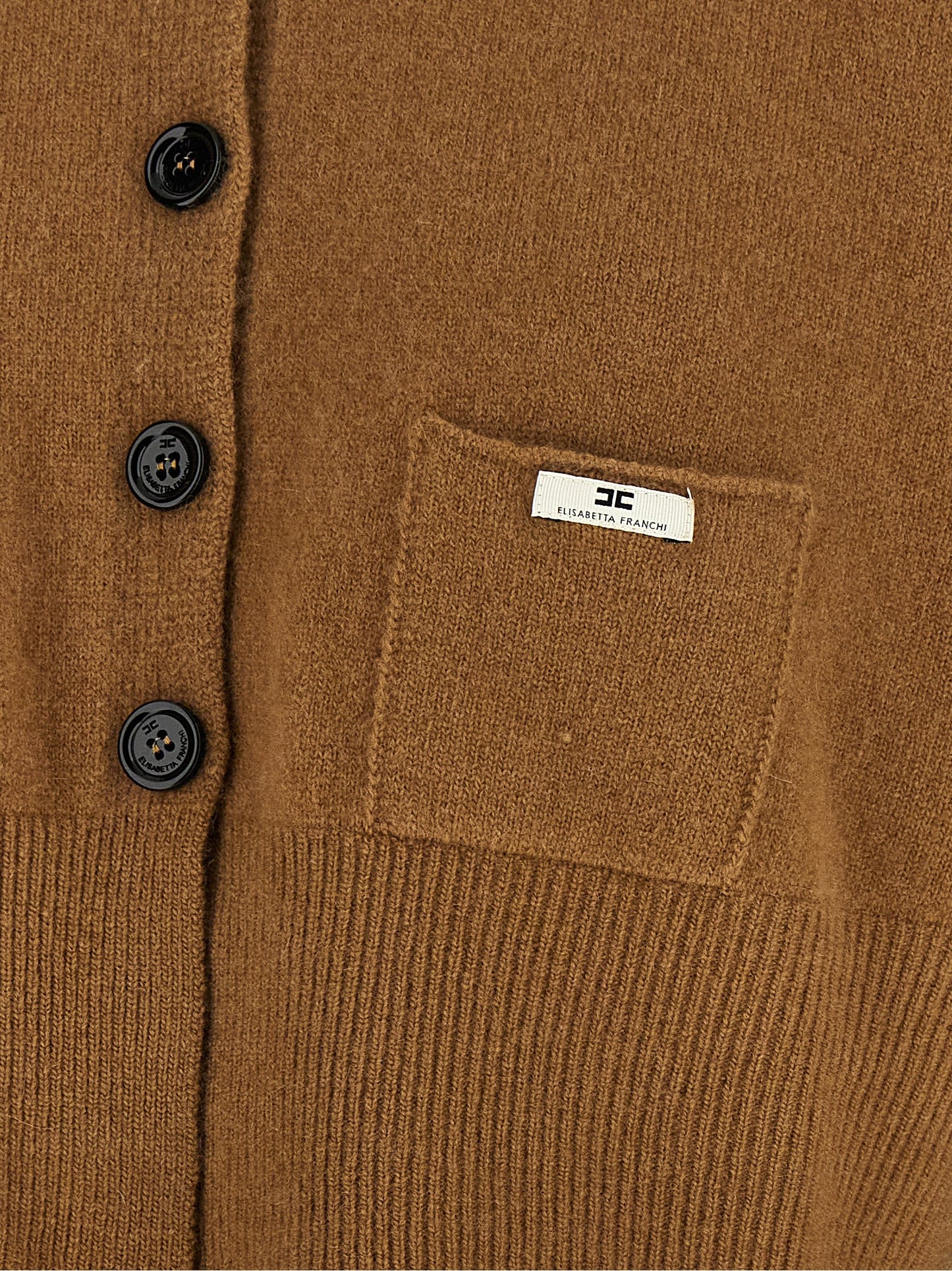 Cardigan by Elisabetta Franchi for women in polyamide & cashmere brown features a dramatic silhouette, showcasing a sophisticated and dramatic detail for a timeless, premium look.