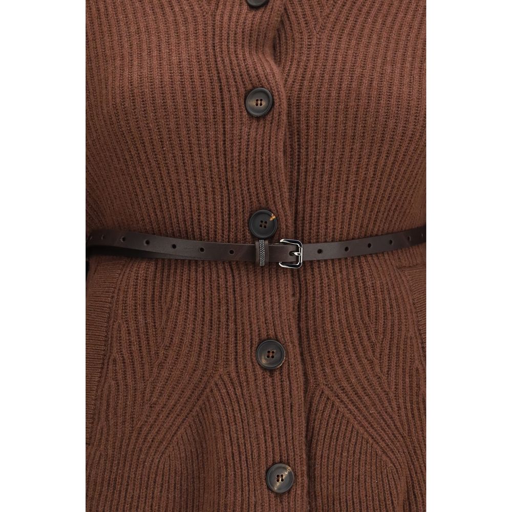 Cardigan by Brunello Cucinelli for women in capra leather & wool brown showcases a captivating silhouette, artfully detailed with a captivating and for a truly sophisticated captivating look.