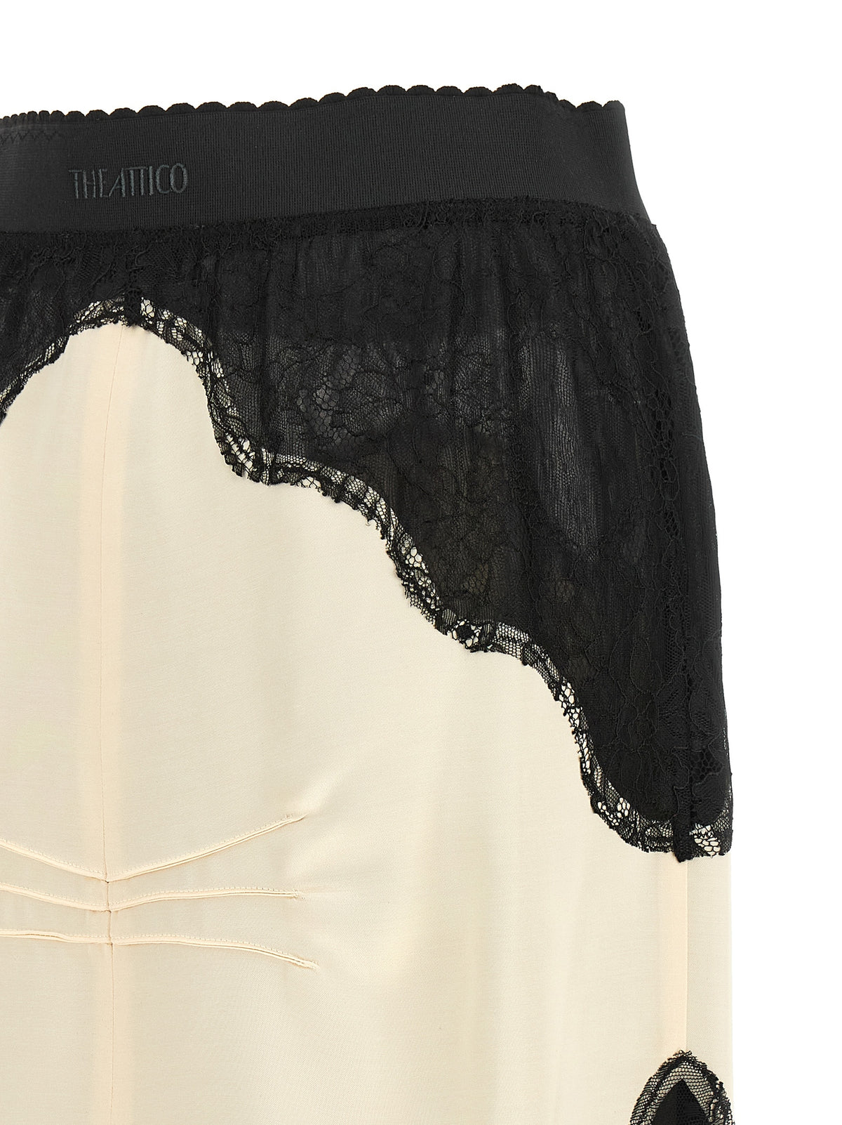 Skirt by The Attico for women in viscose satin & lace bicolour, black, ivory & white features a contoured silhouette from the Women's Viscose Satin & Lace Midi Skirt collection, characterized by its contoured midi for a contoured finish.