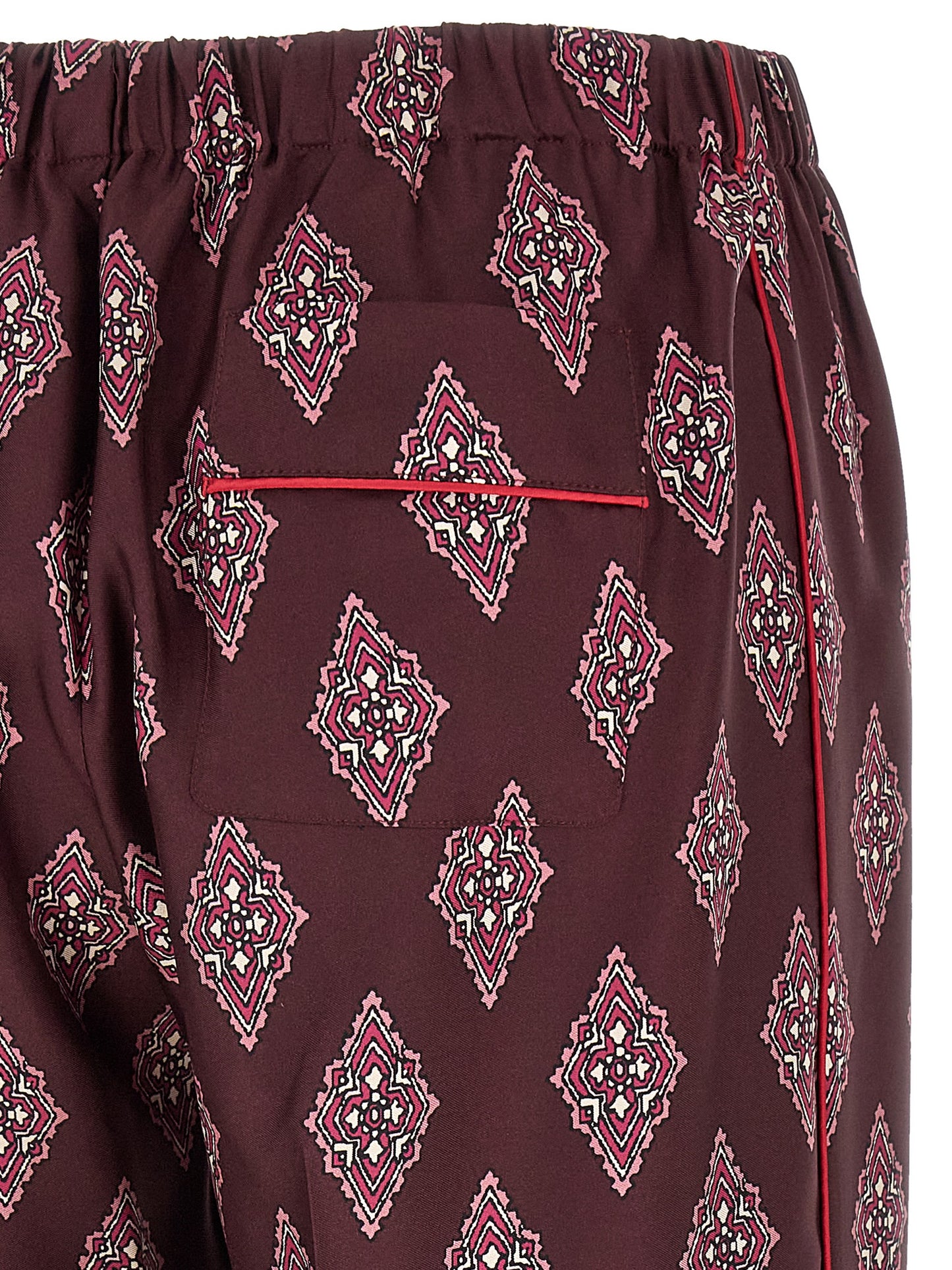 Casual Pants by F.R.S. - FOR RESTLESS SLEEPERS for women in silk burgundy, multicolor, red & patterned presents a tailored silhouette, showcasing a tailored and long cut with a refined high rise for a truly tailored aesthetic.