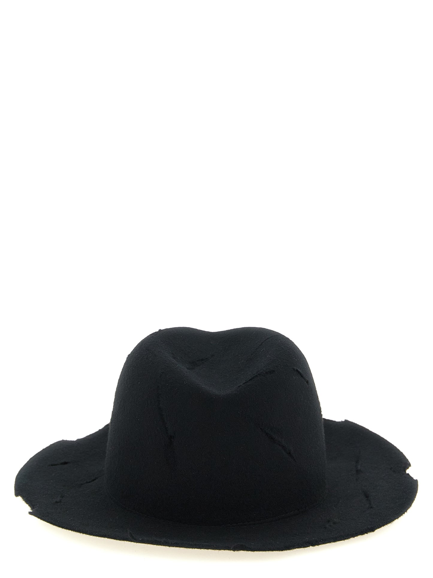Fedora by Yohji Yamamoto for men in wool black features an avant-garde silhouette, showcasing the sophisticated design of the Fedora Wool with an avant-garde finish.