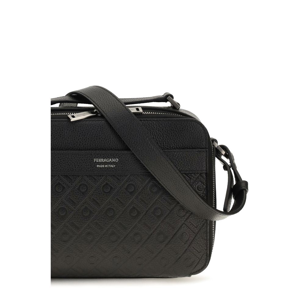2-in-1 Shoulder & Crossbody Bag by Ferragamo for men in bos taurus calf grained leather black, silver & patterned presents a versatile silhouette, showcasing a secure zipper and versatile with versatile crossbody-strap, shoulder-strap, handle & adjustable-strap for a sophisticated look.