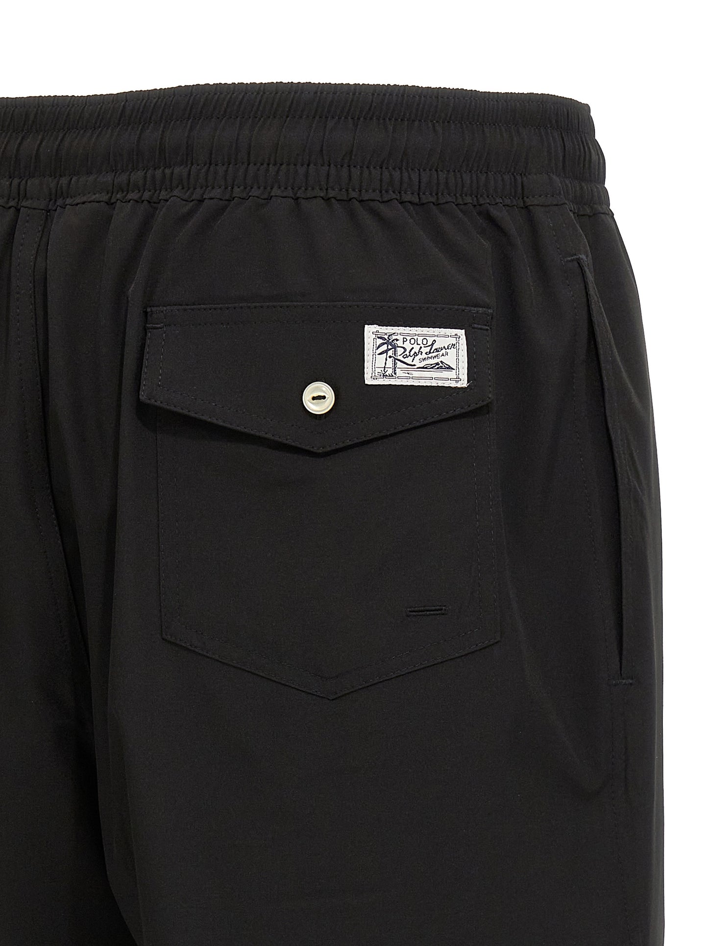 Swim Shorts by Polo Ralph Lauren for men in stretch polyester mesh black features a resort ready silhouette, capturing the beach-ready style of the Men's Stretch Polyester Mesh Swim Shorts collection.