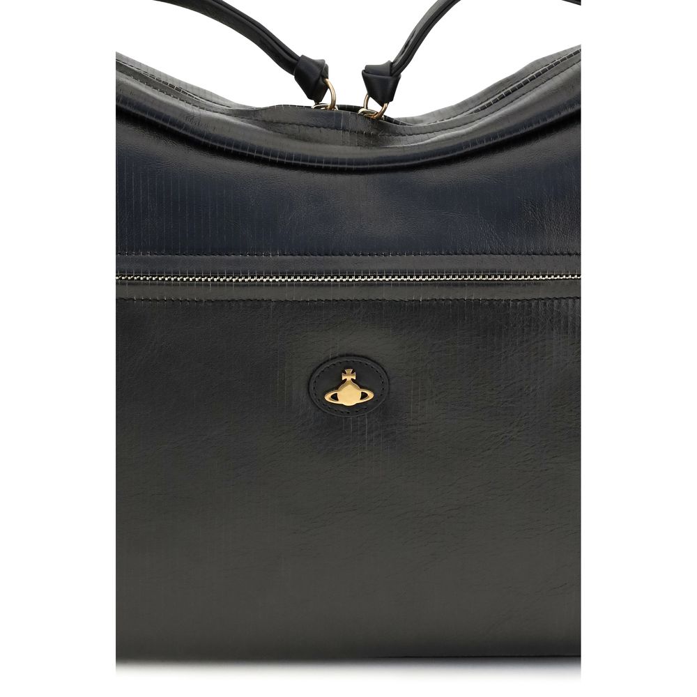 Large Shoulder Bag by Vivienne Westwood for women in bos taurus calf leather black, gold & jacquard presents a versatile silhouette, showcasing a secure zipper and versatile with versatile shoulder-strap for a sophisticated look.
