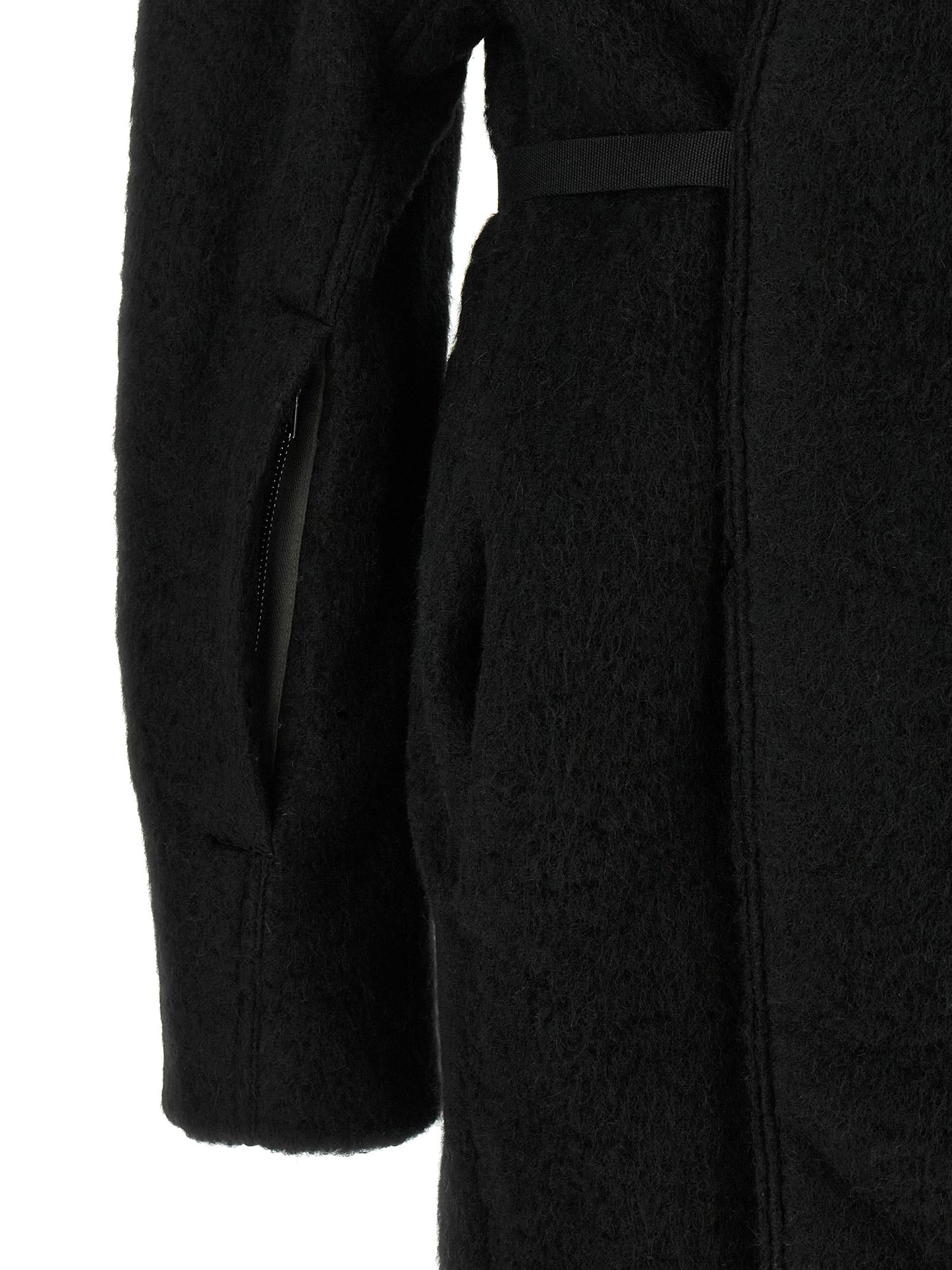 Overcoat by Rick Owens for women in marabou & alpaca wool black features an satoral silhouette, showcasing a sophisticated and satoral pockets for a premium, timeless look.