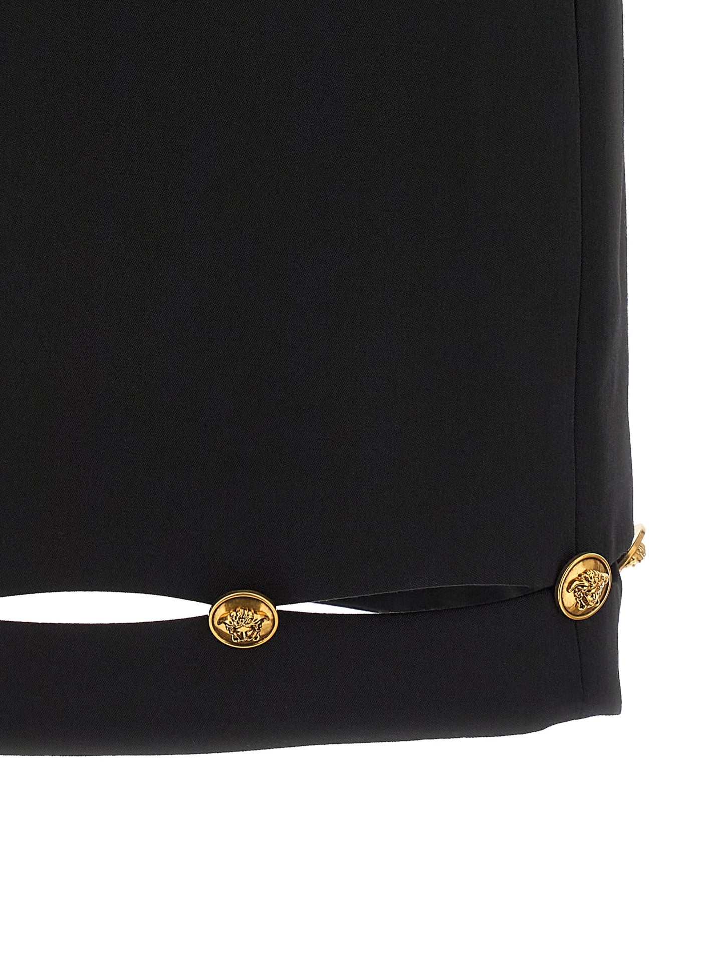 Skirt by Versace for women in virgin wool black & gold features an relaxed-yet-refined silhouette that elegantly showcases the De Poudre Medusa Women's High Rise Virgin Wool Mini Long Skirt design and sophisticated mini long.