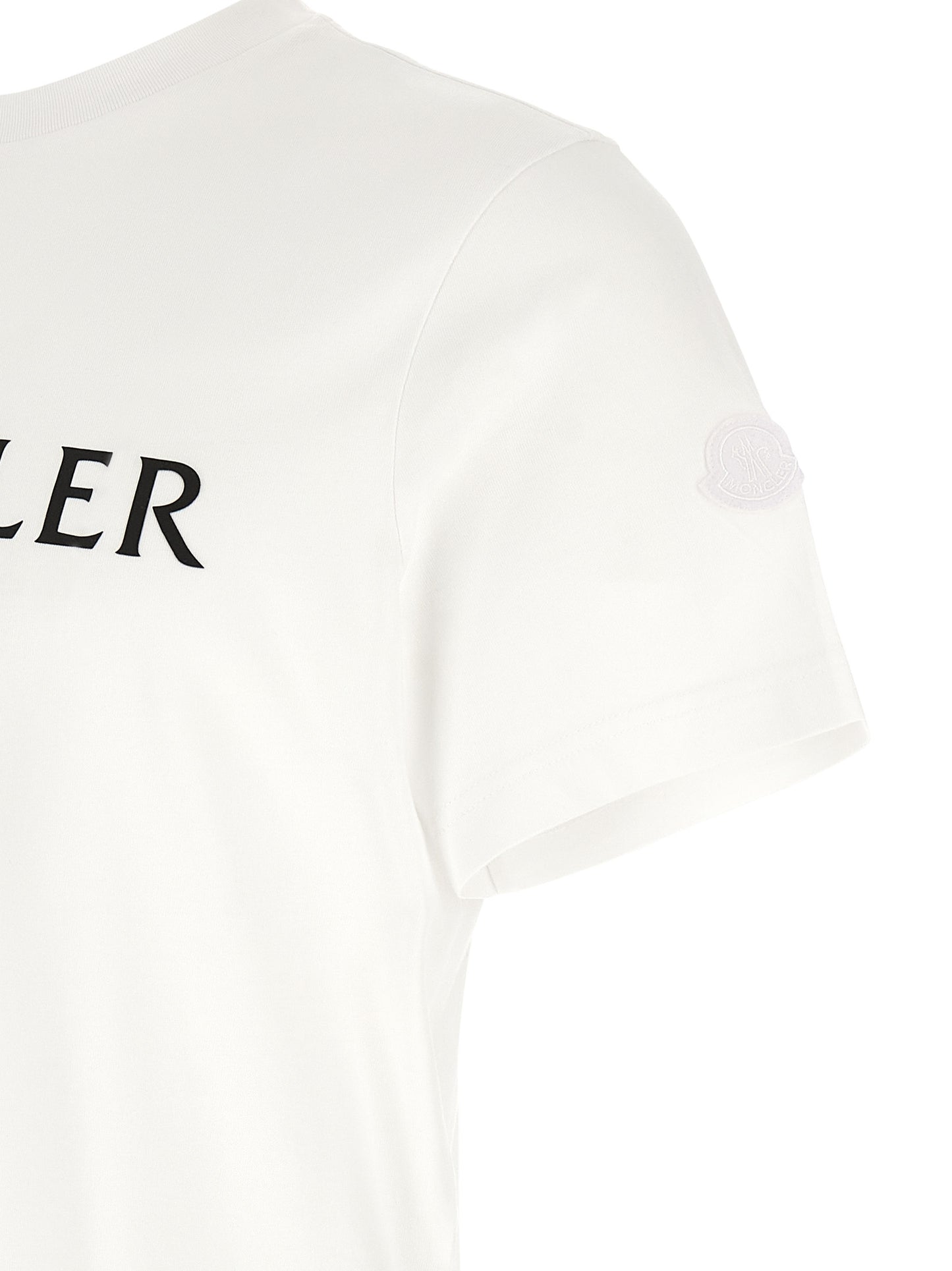 T-Shirt by Moncler for men in cotton felt white & print showcases a fashionable silhouette, elegantly detailed with a fashionable and for a sophisticated, high-fashion look.