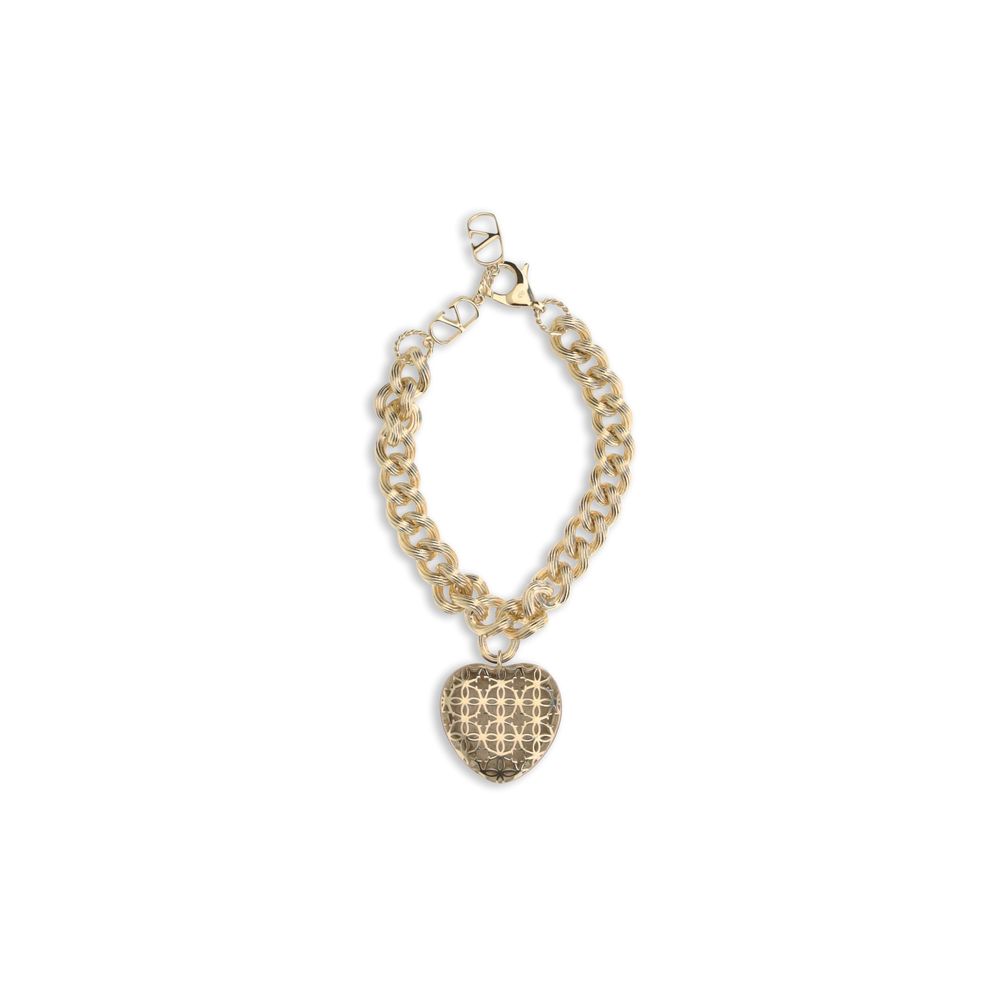 Valentino Garavani Heart V Logo Women's Chain Charm Gold Brass Bracelet - Black Gold Signature