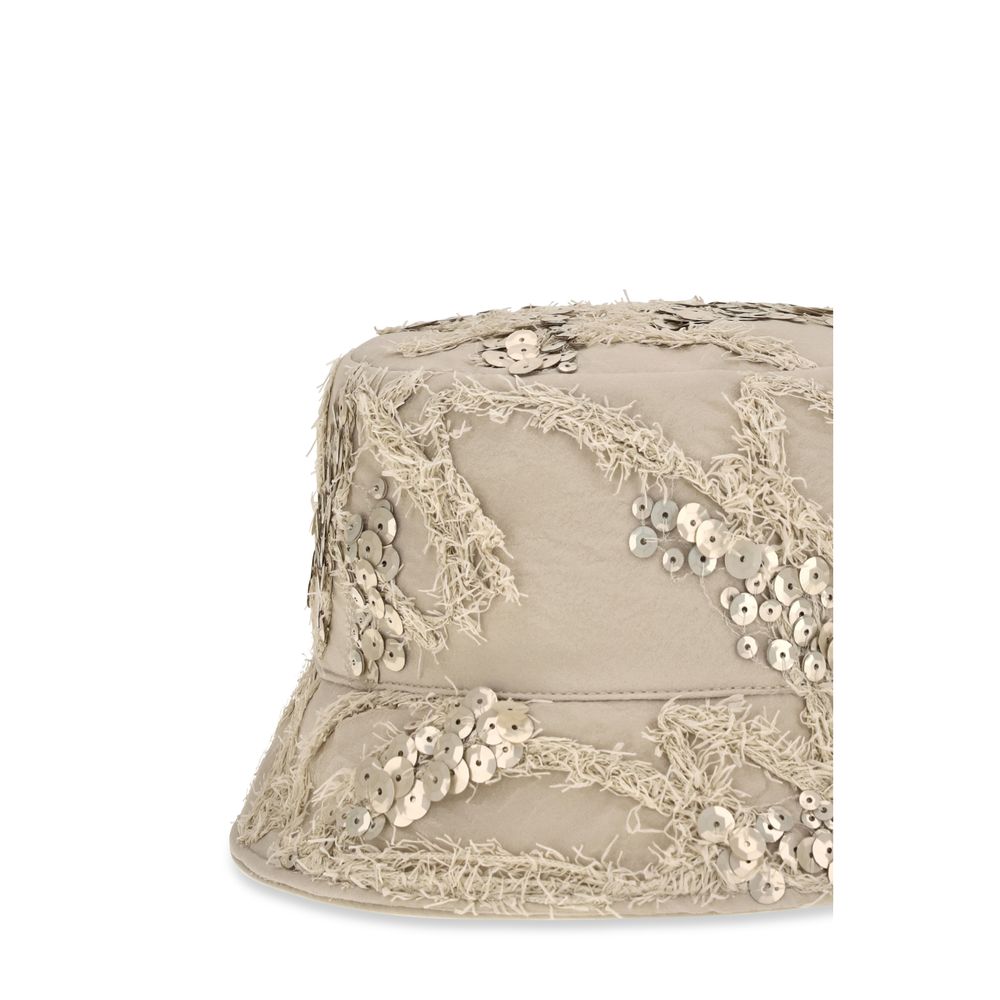 Bucket Hat by Brunello Cucinelli for women in silk & sequins beige & floral showcases a effortlessly chic silhouette, artfully capturing the essence of the effortlessly chic Silk & Sequins Bucket Hat design for a sophisticated look.