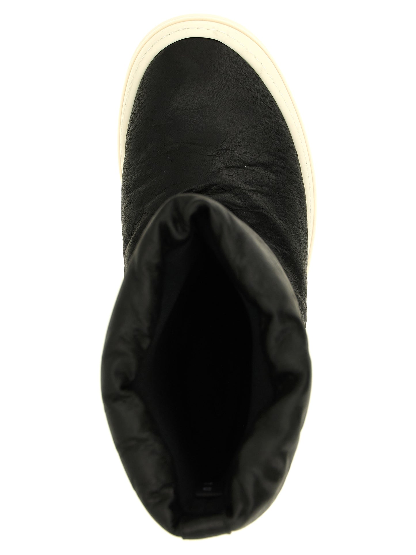 Platform Winter Boots by Rick Owens for men in lamb leather bicolour, black, cream & white features an high-performance silhouette, showcasing the sophisticated design of the Men's Lamb Leather Platform Winter Boots with a platform and a refined .