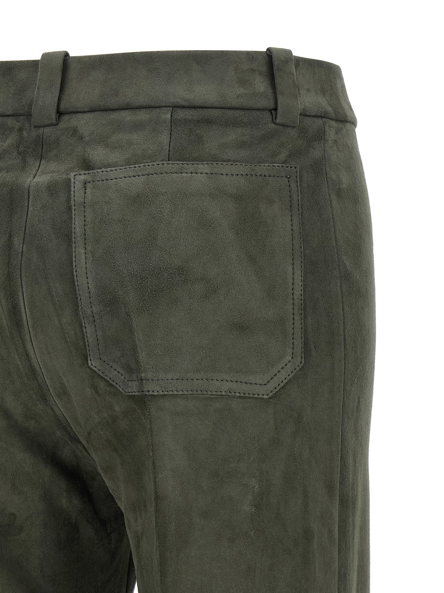 Trousers by STOULS for women in lamb leather gray, green & olive features an on trend silhouette, showcasing a sophisticated bootcut with a long and high rise for an on trend finish.