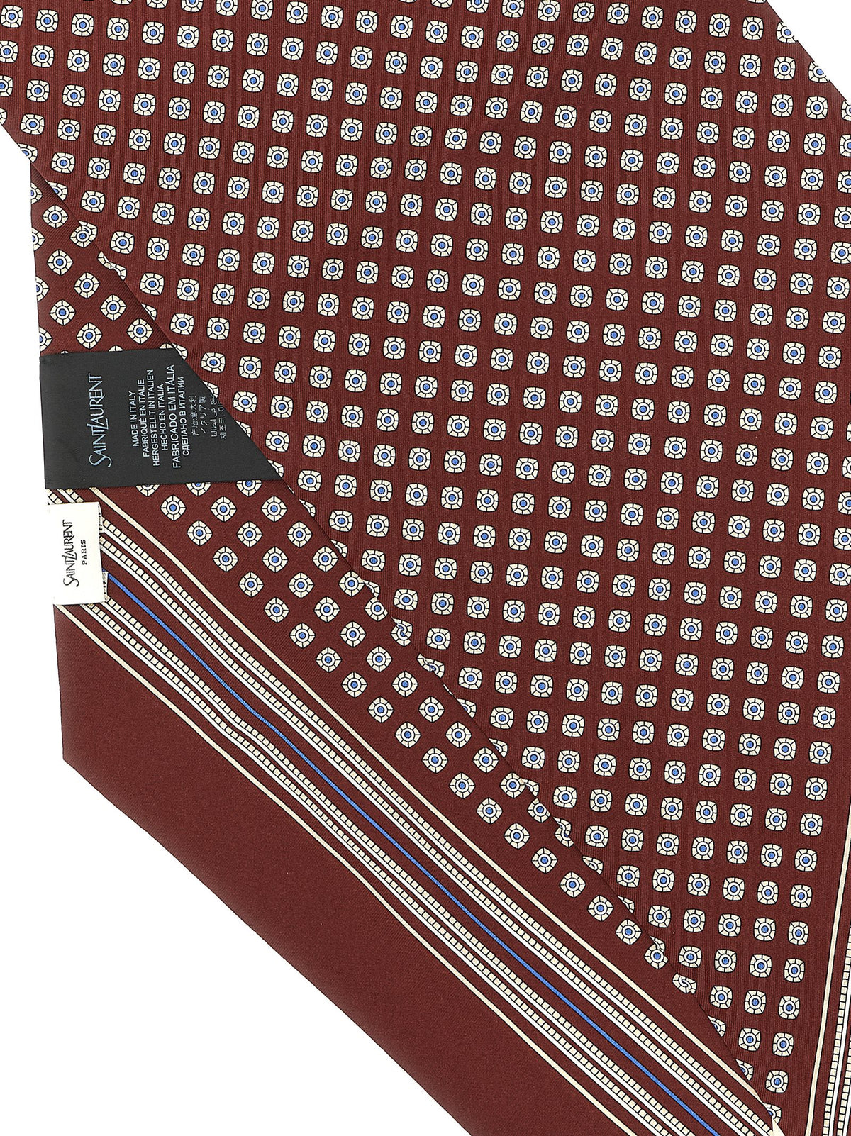 Scarf by Saint Laurent for men in silk twill blue, bordeaux, burgundy, white, patterned, signature & striped presents a cosy silhouette, artfully capturing the sophisticated design and premium aesthetic of the Silk Twill Foulard Scarf.