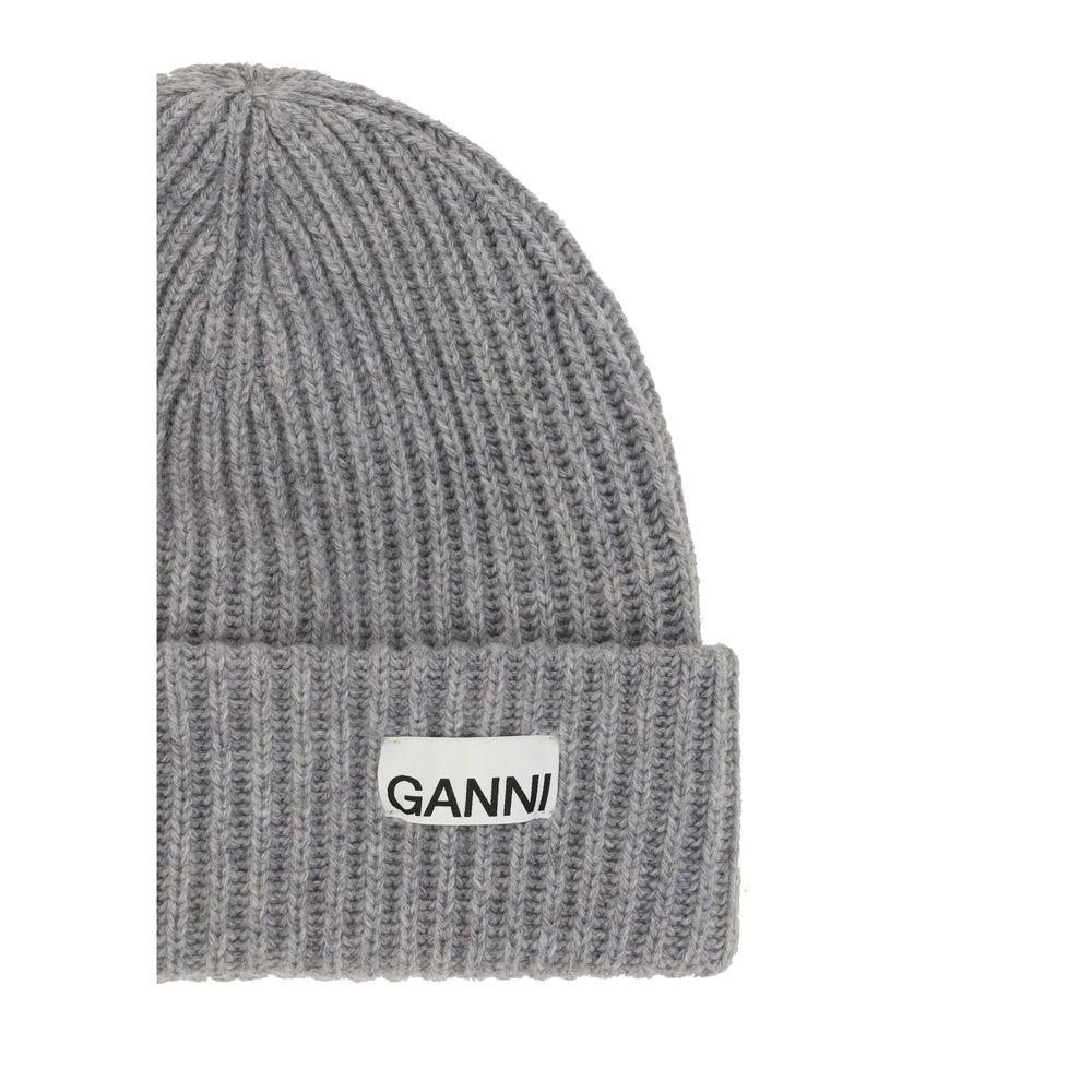 Beanie Hat by Ganni for women in wool & nylon gray & monogram features a athleisure-luxe silhouette, artfully capturing the essence of the athleisure-luxe Wool & Nylon Beanie Hat design for a sophisticated look.