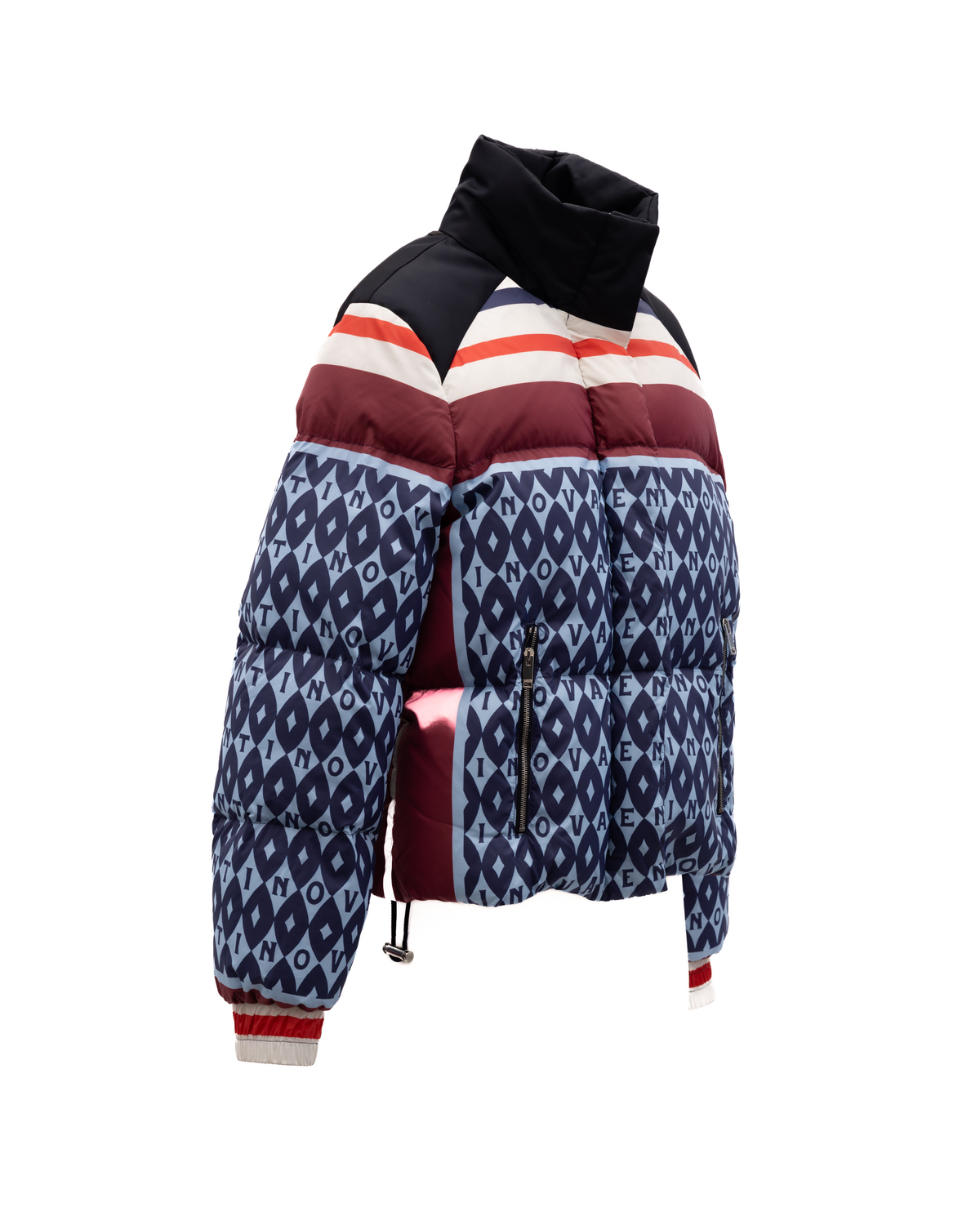 Overcoat by Valentino Garavani for women in wool burgundy, navy, red & white showcases a enveloping silhouette, detailed with distinctive and a enveloping .