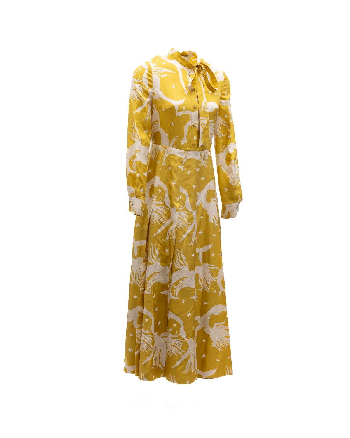 Dress by Valentino Garavani for women in silk white, yellow & patterned showcases a striking silhouette, elegantly detailed with a , refined , and a striking long for a striking finish.
