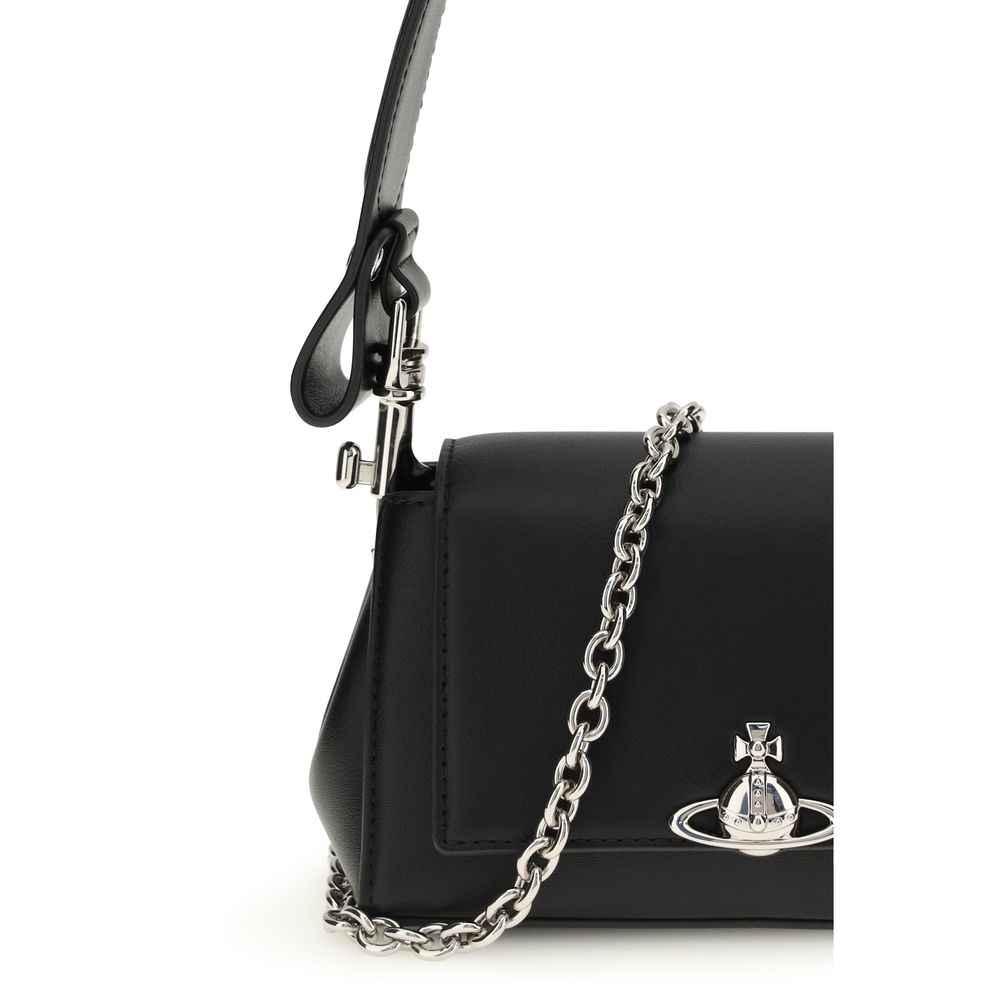Small Shoulder Flap Bag by Vivienne Westwood for women in polyester polyurethane tu & faux leather black features a distinguished silhouette, showcasing a secure flap, magnetic & button and distinguished with versatile shoulder-strap & handle for a distinguished finish.