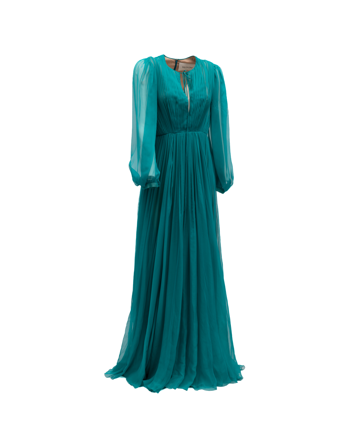 Dress by Valentino Garavani for women in lace teal features an eye catching silhouette with a sophisticated , elegant , and a refined long for a eye catching aesthetic.