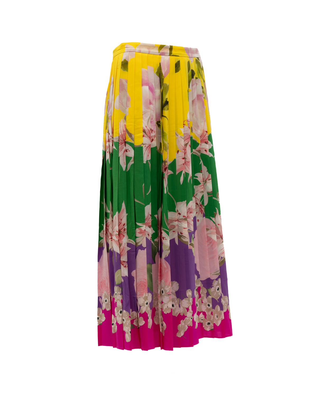 Skirt by Valentino Garavani for women in lace green, pink, purple, yellow & floral features an relaxed-yet-refined silhouette that elegantly showcases the Women's Pleated Midi Skirt design and sophisticated midi.