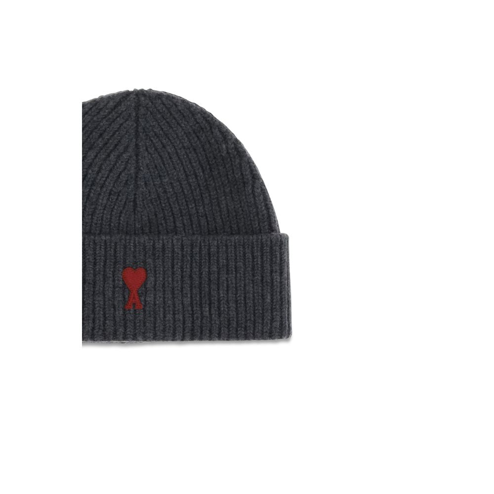 Beanie Hat by Ami Paris for men in merino wool gray & signature presents a urban-chic silhouette, artfully capturing the essence of the urban-chic Merino Wool Beanie Hat design for a sophisticated look.