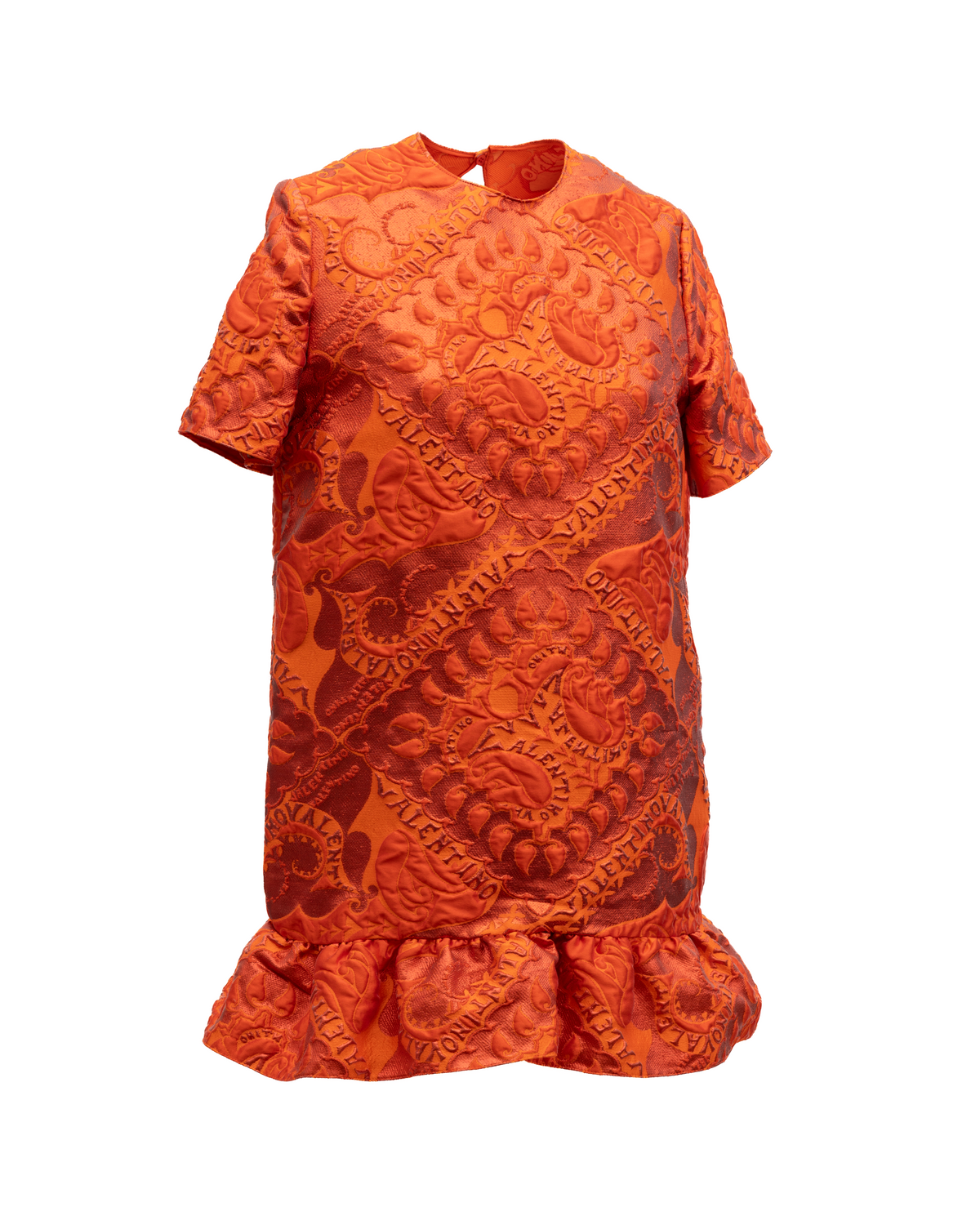 Dress by Valentino Garavani for women in lace orange & patterned presents a sinuous silhouette, showcasing a sophisticated and detailed with a sinuous short for a refined finish.