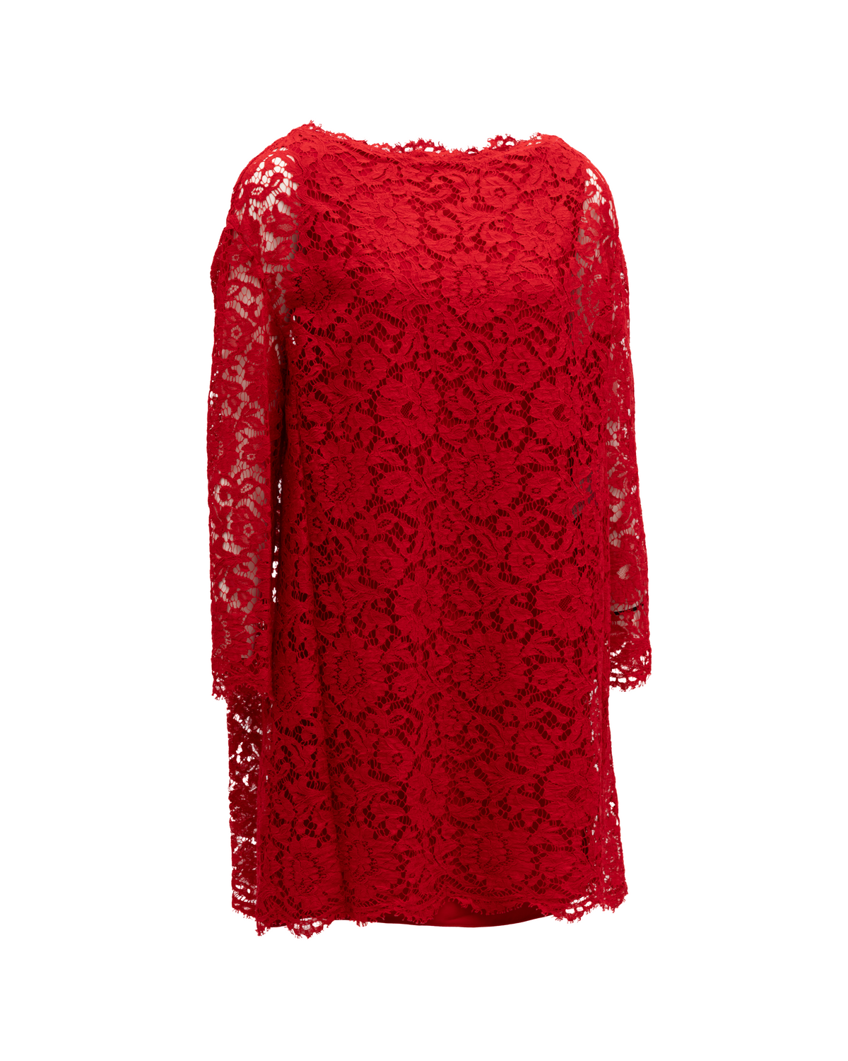 Dress by Valentino Garavani for women in lace red & patterned features an cute silhouette, detailed with a and that elegantly flows into a cute short.