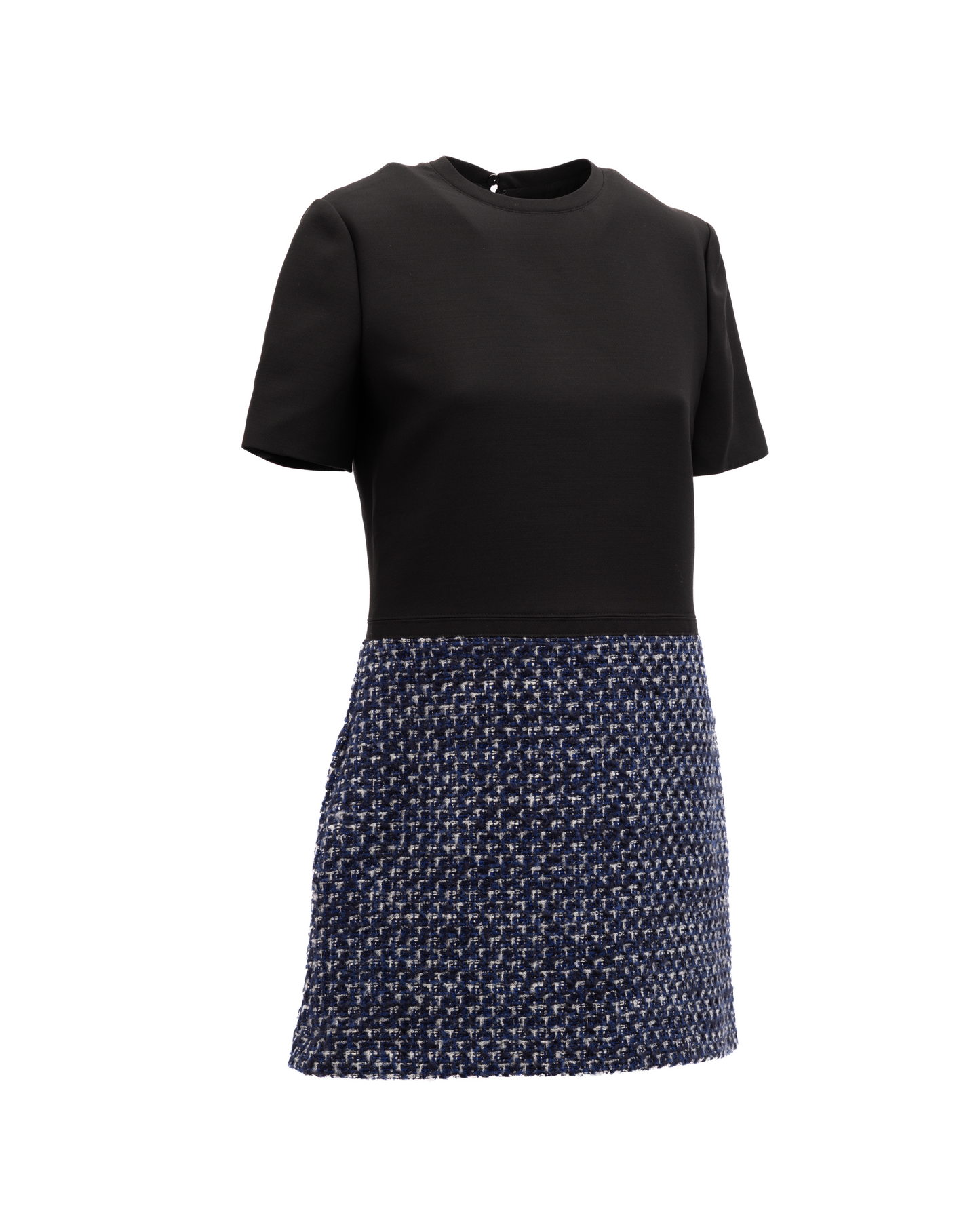 Dress by Valentino Garavani for women in tweed black, blue & white features a dramatic silhouette, showcasing an elegant and that flows into a dramatic mini.