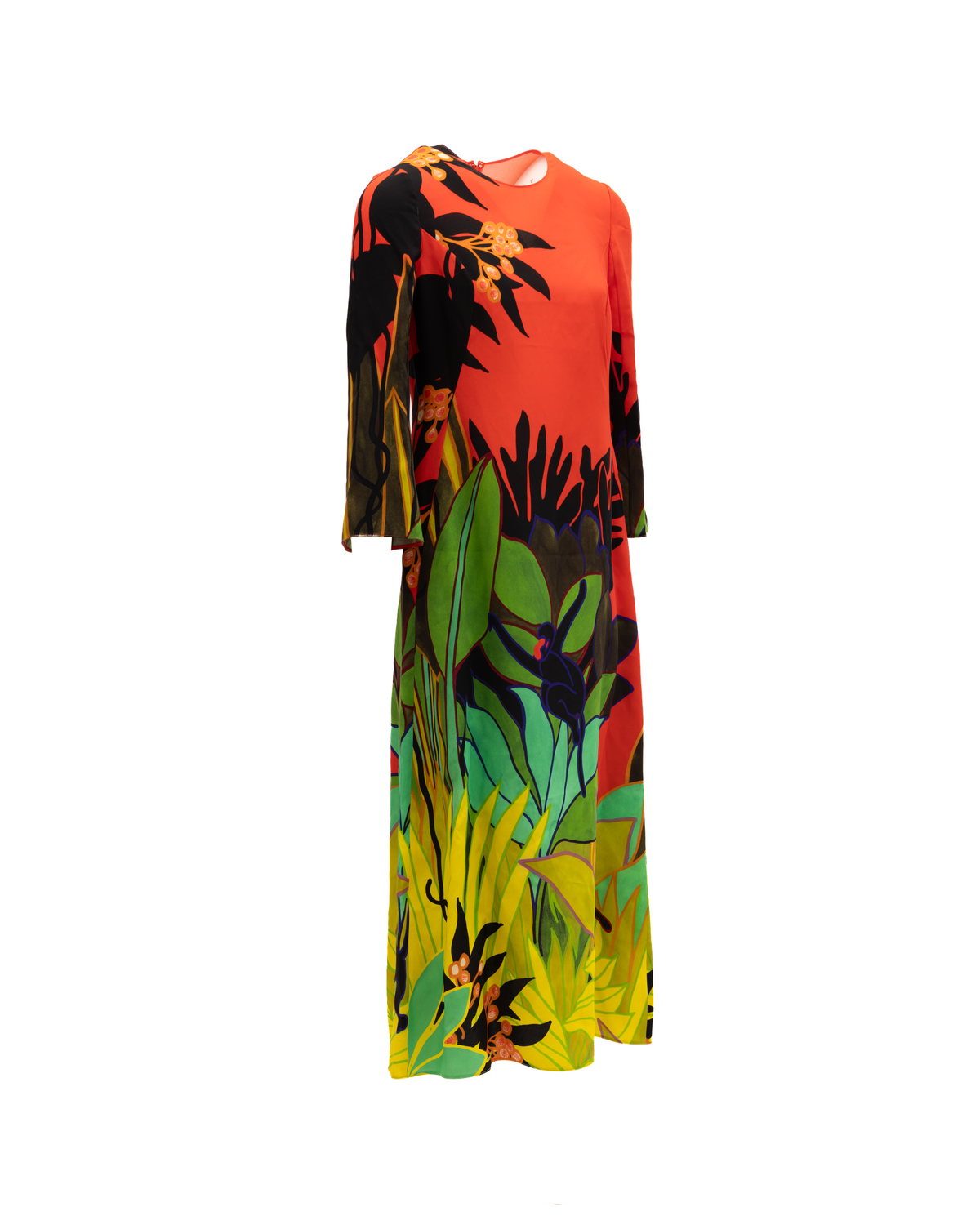 Dress by Valentino Garavani for women in lace orange, red, patterned, floral & print presents a sinuous silhouette, showcasing a sophisticated and detailed with a sinuous midi for a refined finish.