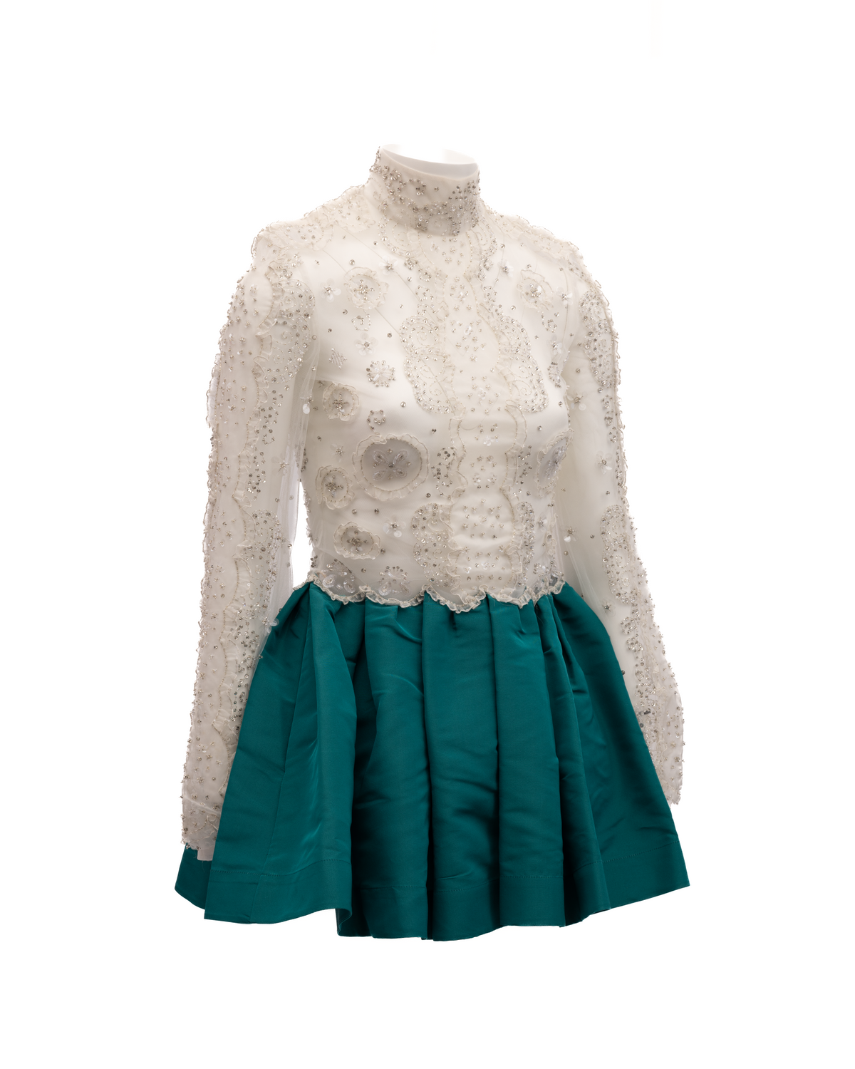 Dress by Valentino Garavani for women in lace silver, teal & white features an eye catching silhouette with a sophisticated , elegant , and a refined short mini for a eye catching aesthetic.