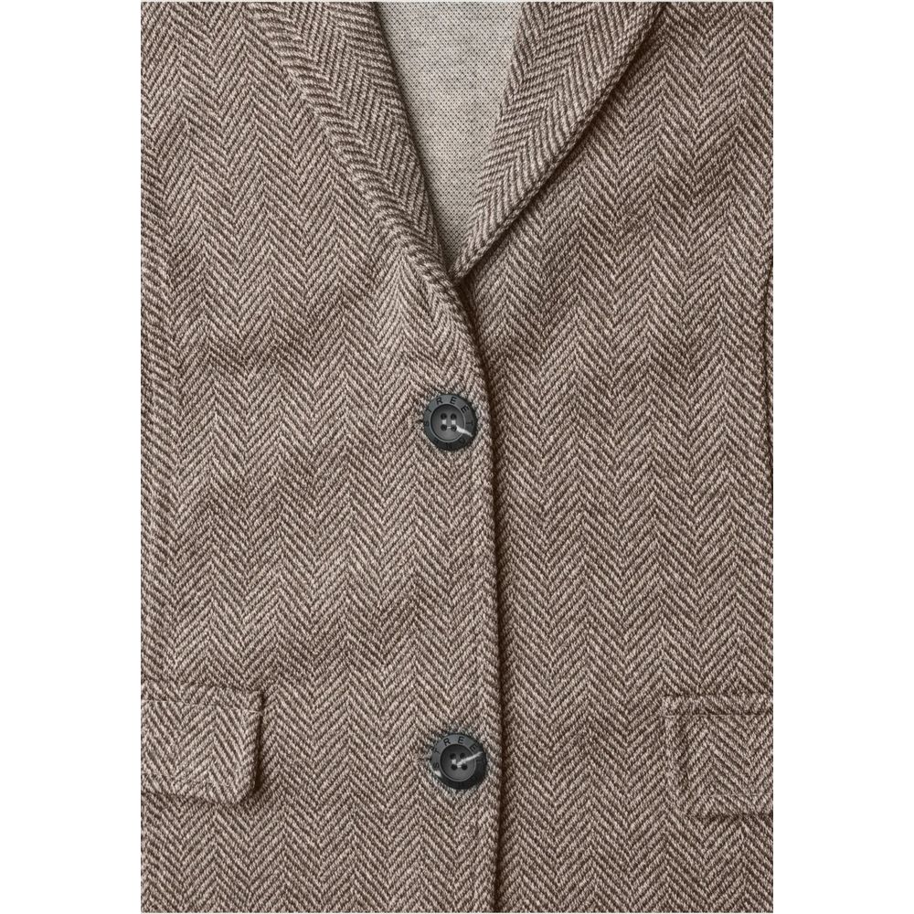 Street One Women's Double Breasted Stretch Denim Cotton Blazer - Brown Patterned Herringbone