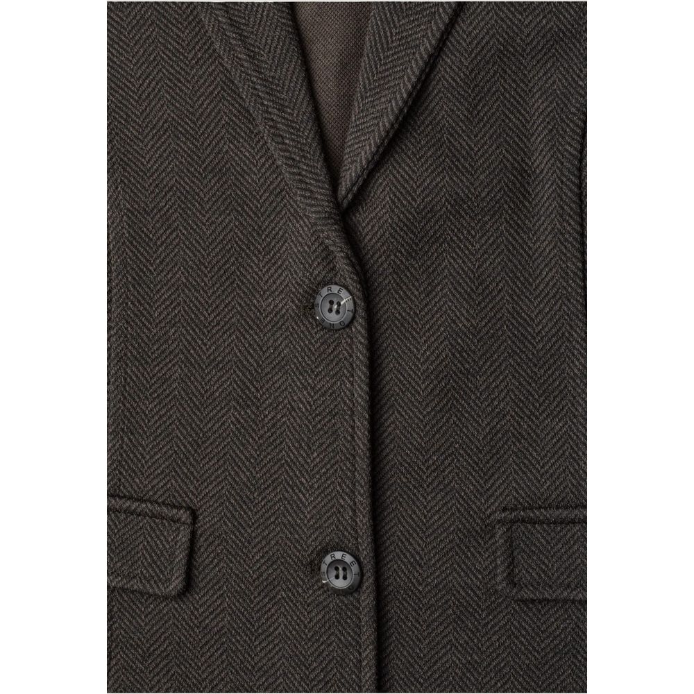 Street One Women's Double Breasted Viscose Polyester Cotton Blazer - Brown Patterned Herringbone