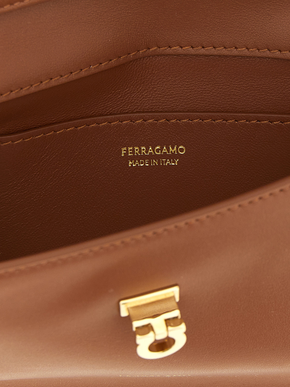 Ferragamo Gancini Calfskin Leather Clutch Handbag - Brown Gold