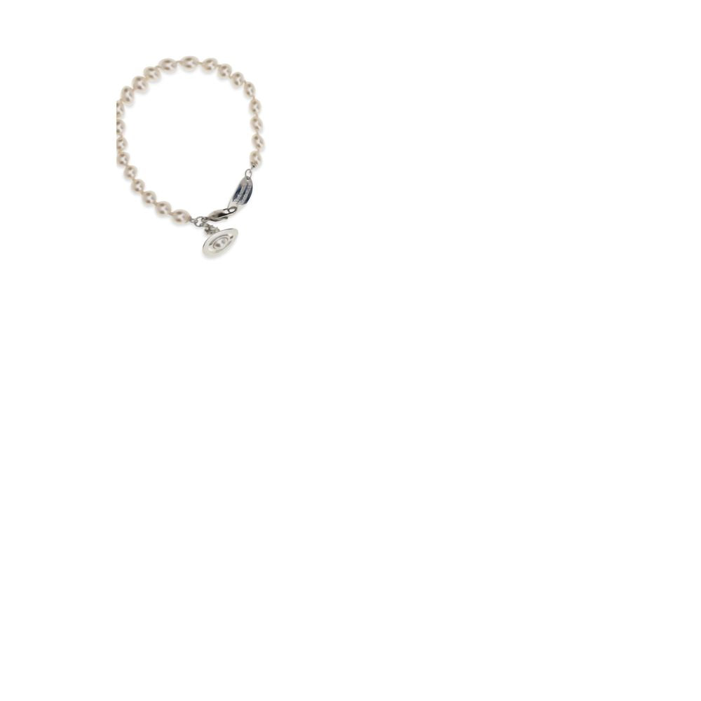 Bracelet by Vivienne Westwood for women in polyamide suede leather beige & pearl features an svelte silhouette, showcasing the svelte of the Orb Women's Brass & Pearls Bracelet for a sophisticated, svelte look.