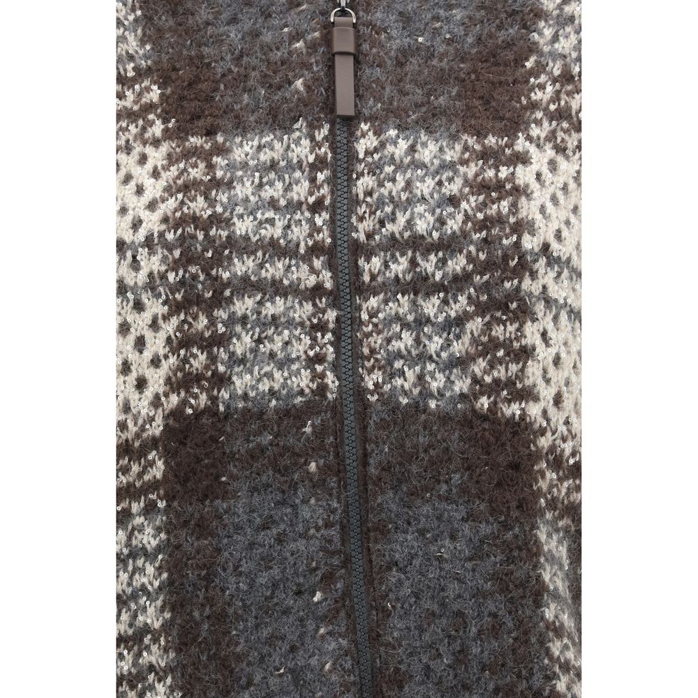 Brunello Cucinelli Women's Oversized High Collar Cashmere Mohair Silk & Wool Cardigan - Gray Patterned Checked